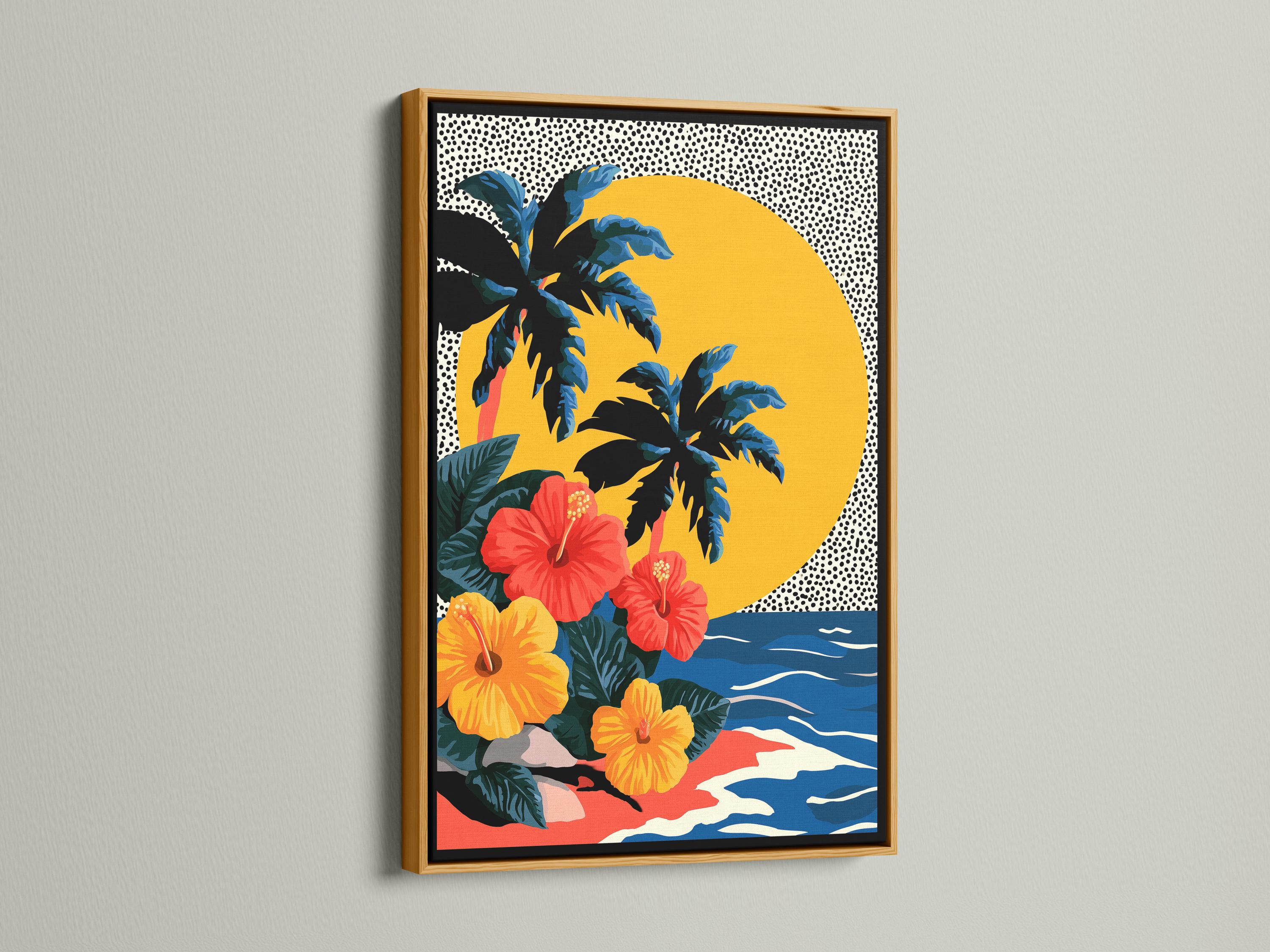 Wall mockup of tropical floral artwork with palm leaves, hibiscus-like flowers, waves and a yellow sun circle