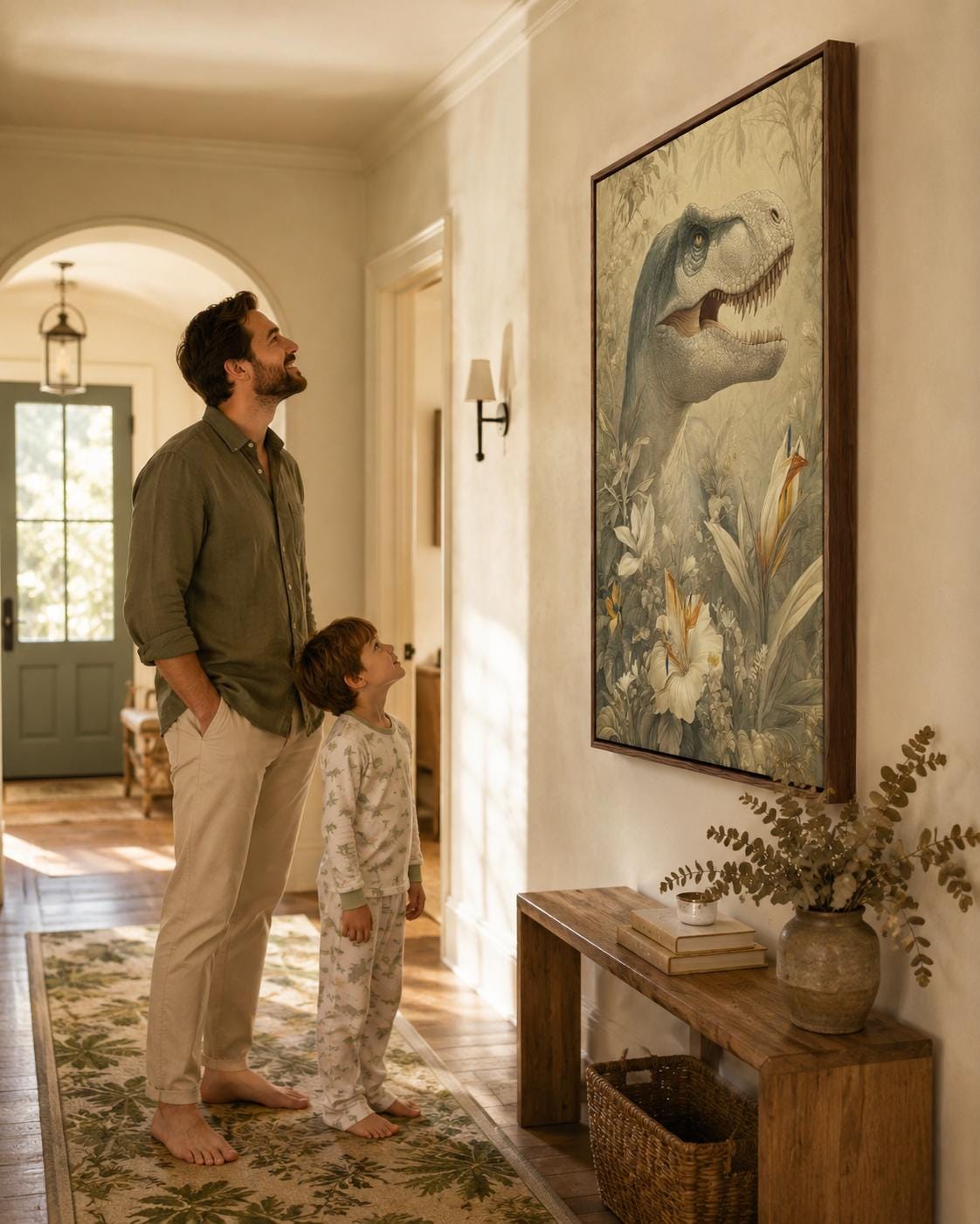 Woman standing in a room next to a framed dinosaur and botanical illustration on the wall