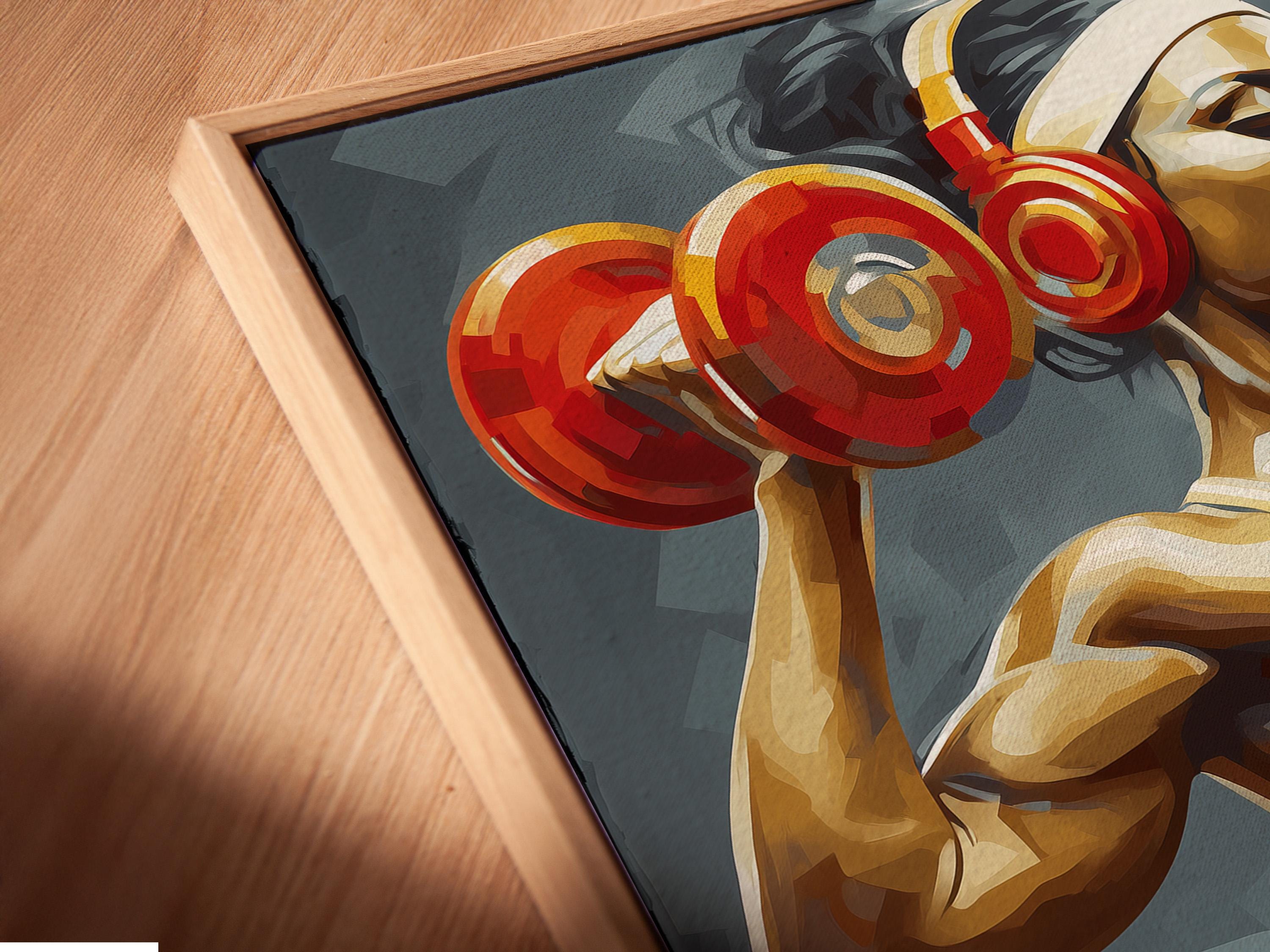 Stylised strong woman weightlifting artwork holding two red dumbbells against a blue background detail view