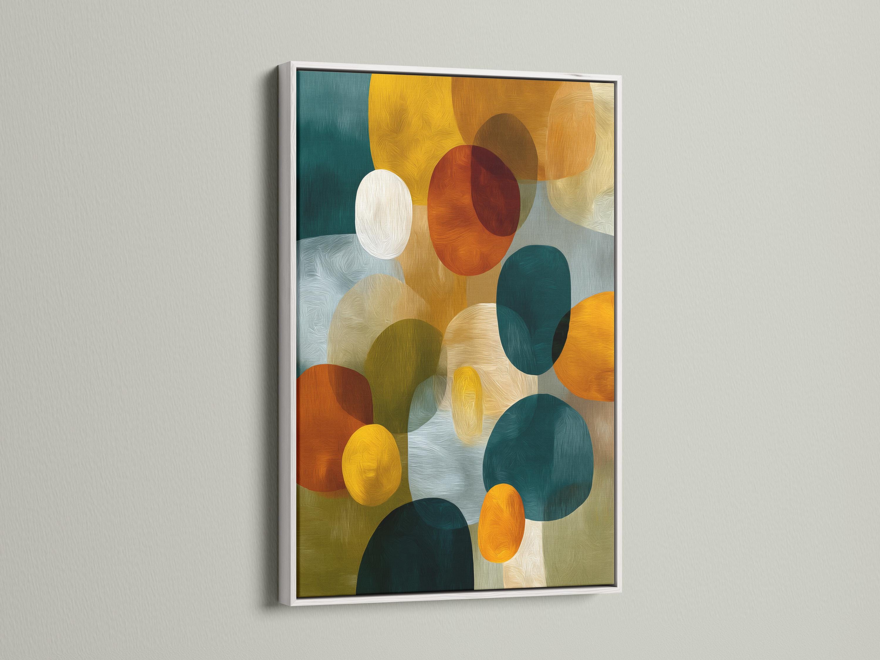 Abstract artwork with overlapping circles and oval shapes in teal, mustard yellow, orange and red detail view
