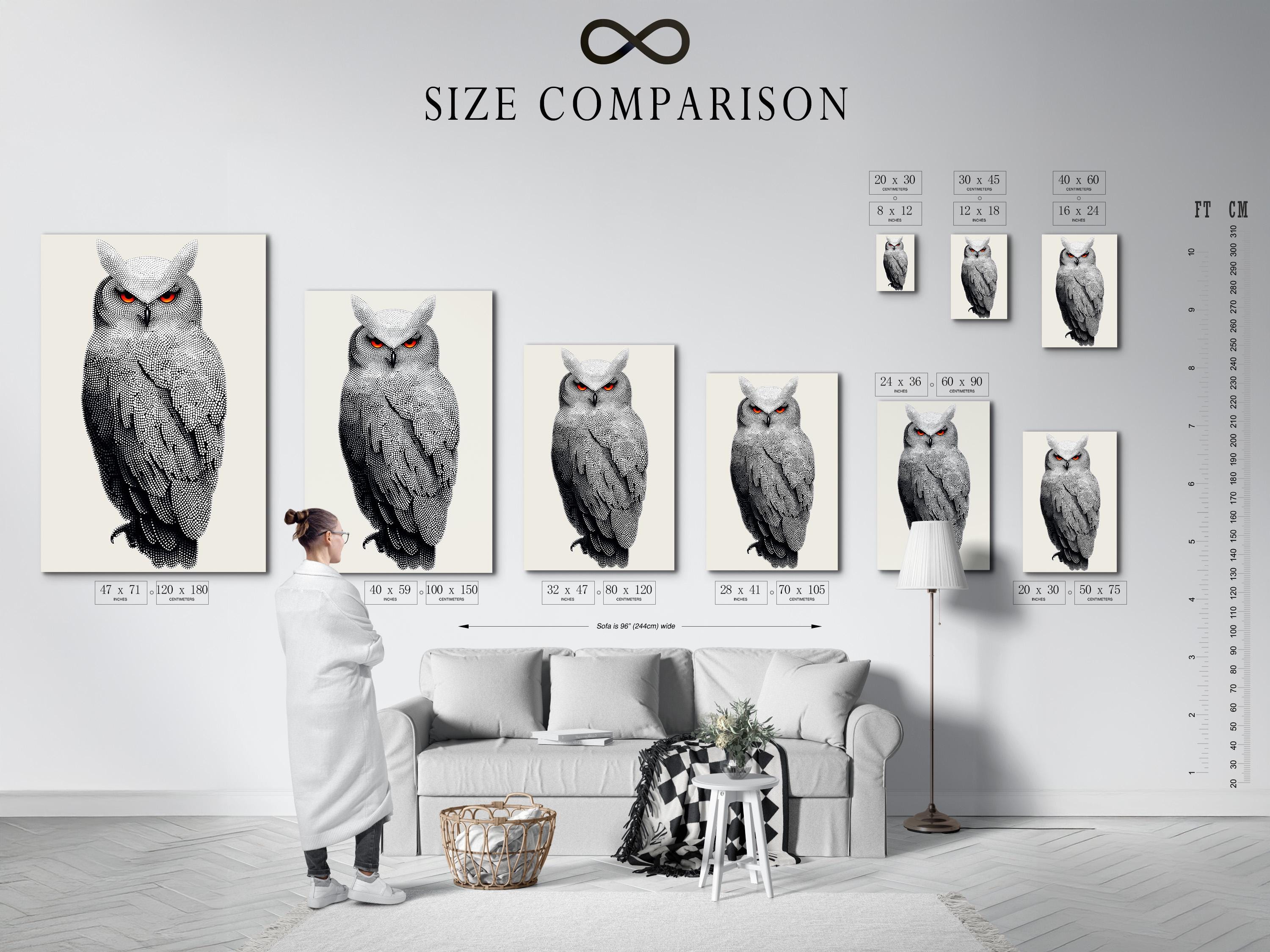 Dotted owl artwork in black and white with bright red-orange eyes detail view