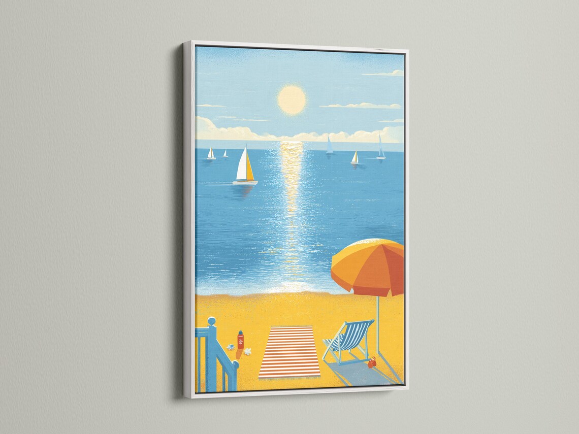 Illustrated beach and ocean scene with sailboats, a glowing sun, and an orange umbrella on sandy shore detail view