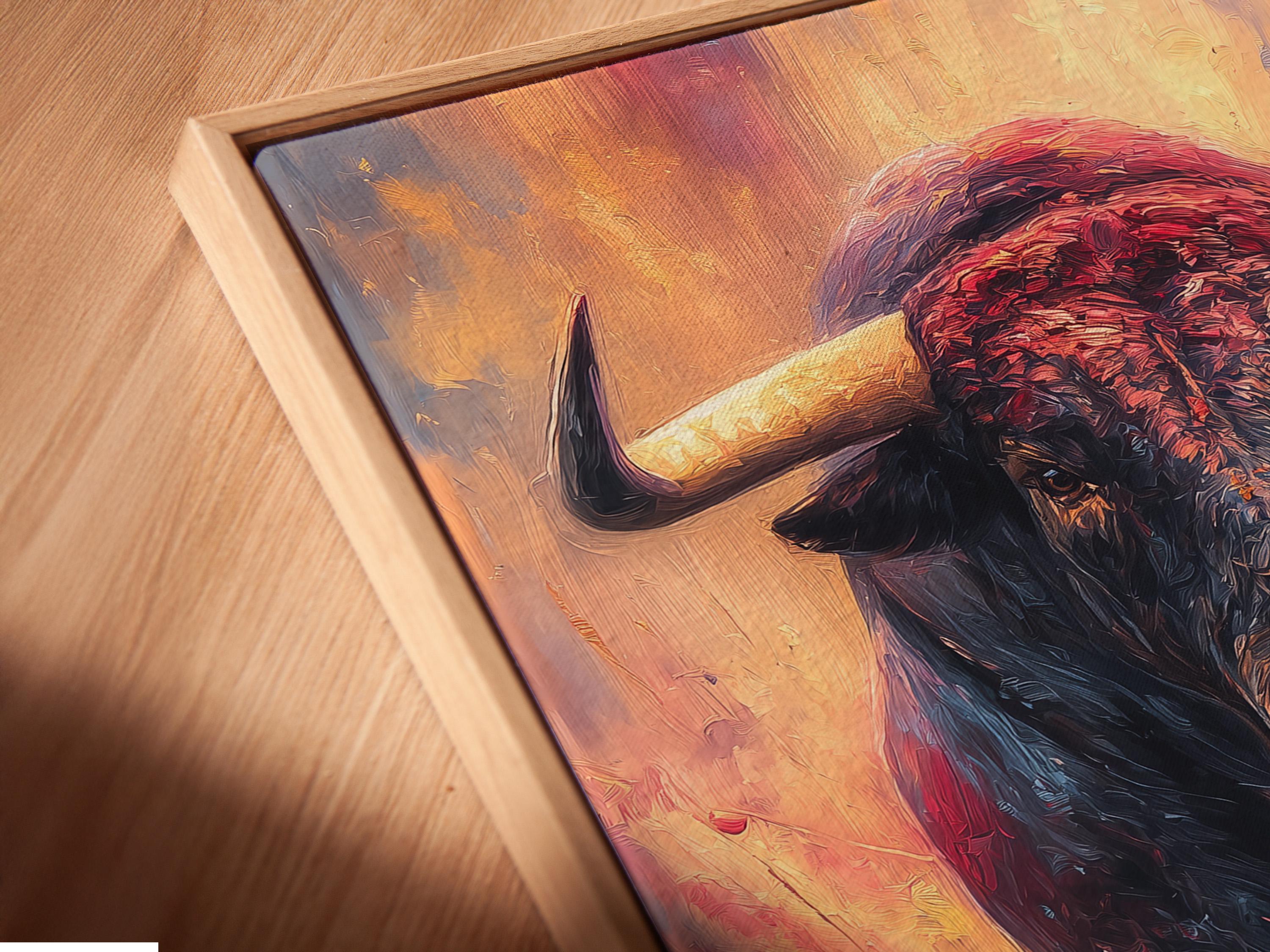Portrait of a bull with dark charcoal and black tones, red highlights and warm gold accents detail view