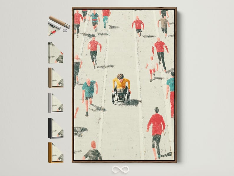 Wheelchair racer and runners in red and teal on a speckled off-white background