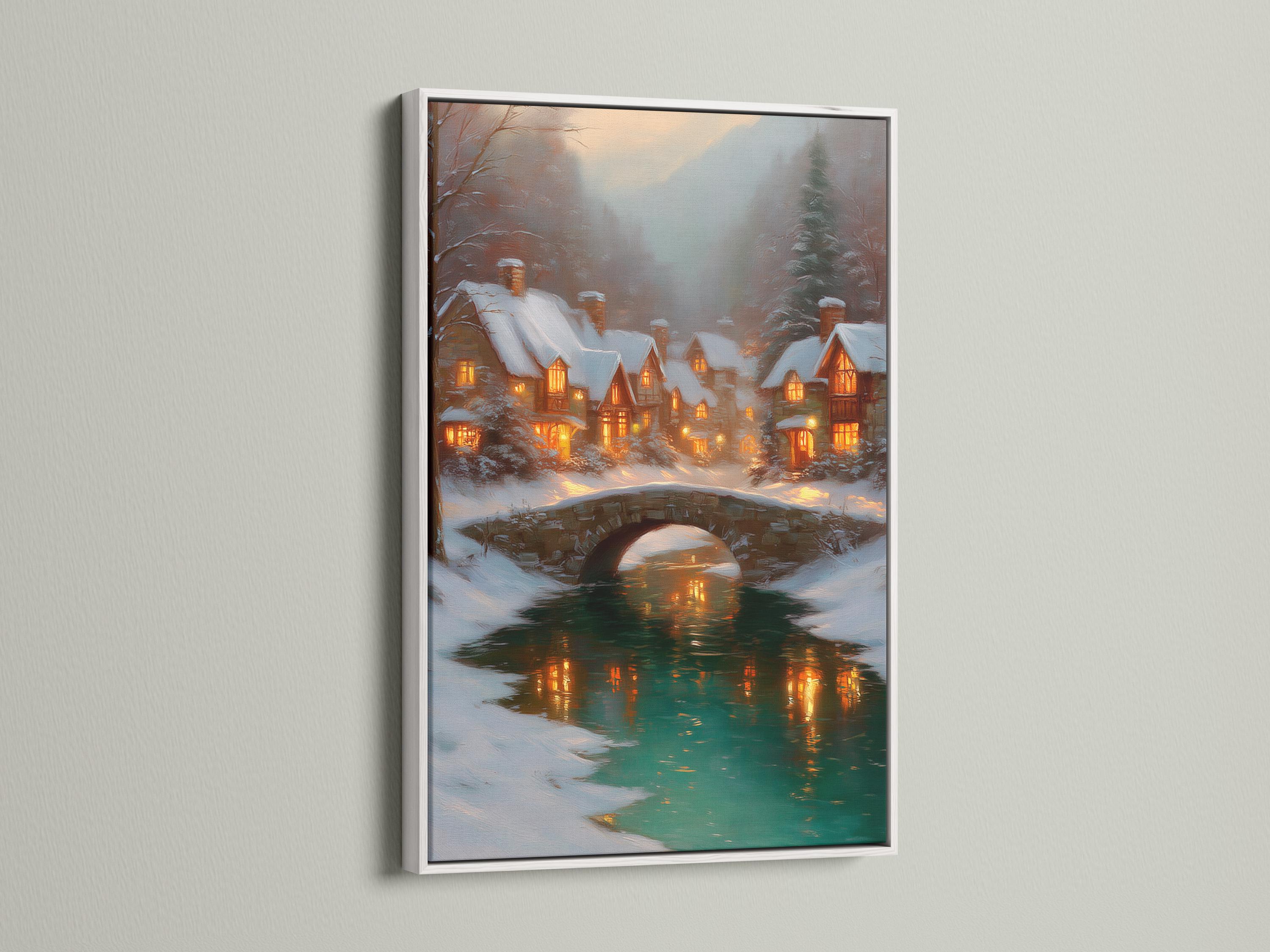 Snowy village scene with warm-lit cottages, an arched bridge and teal river reflections detail view