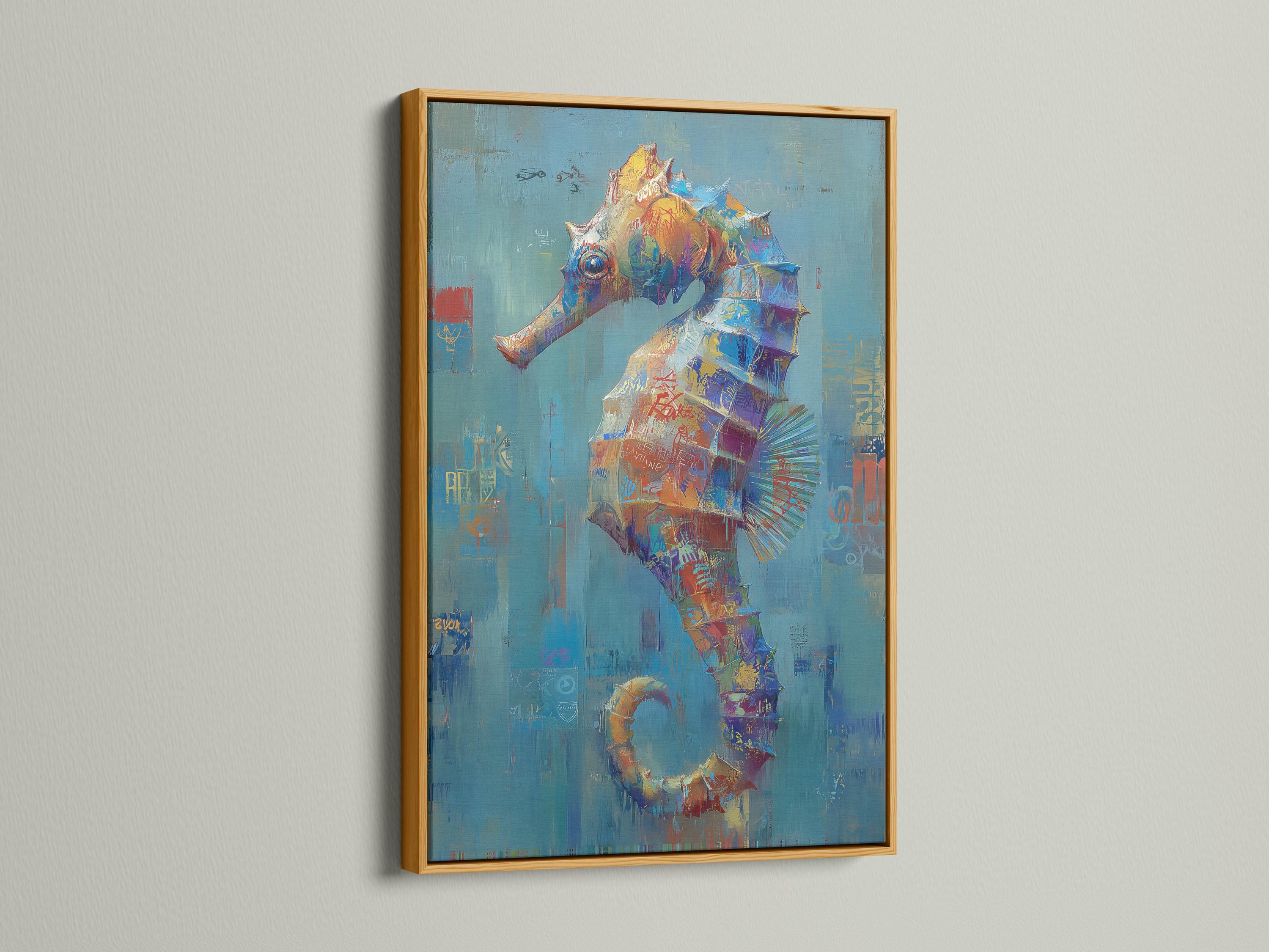 Wall mockup showing a framed abstract seahorse-like artwork with teal and coral accents