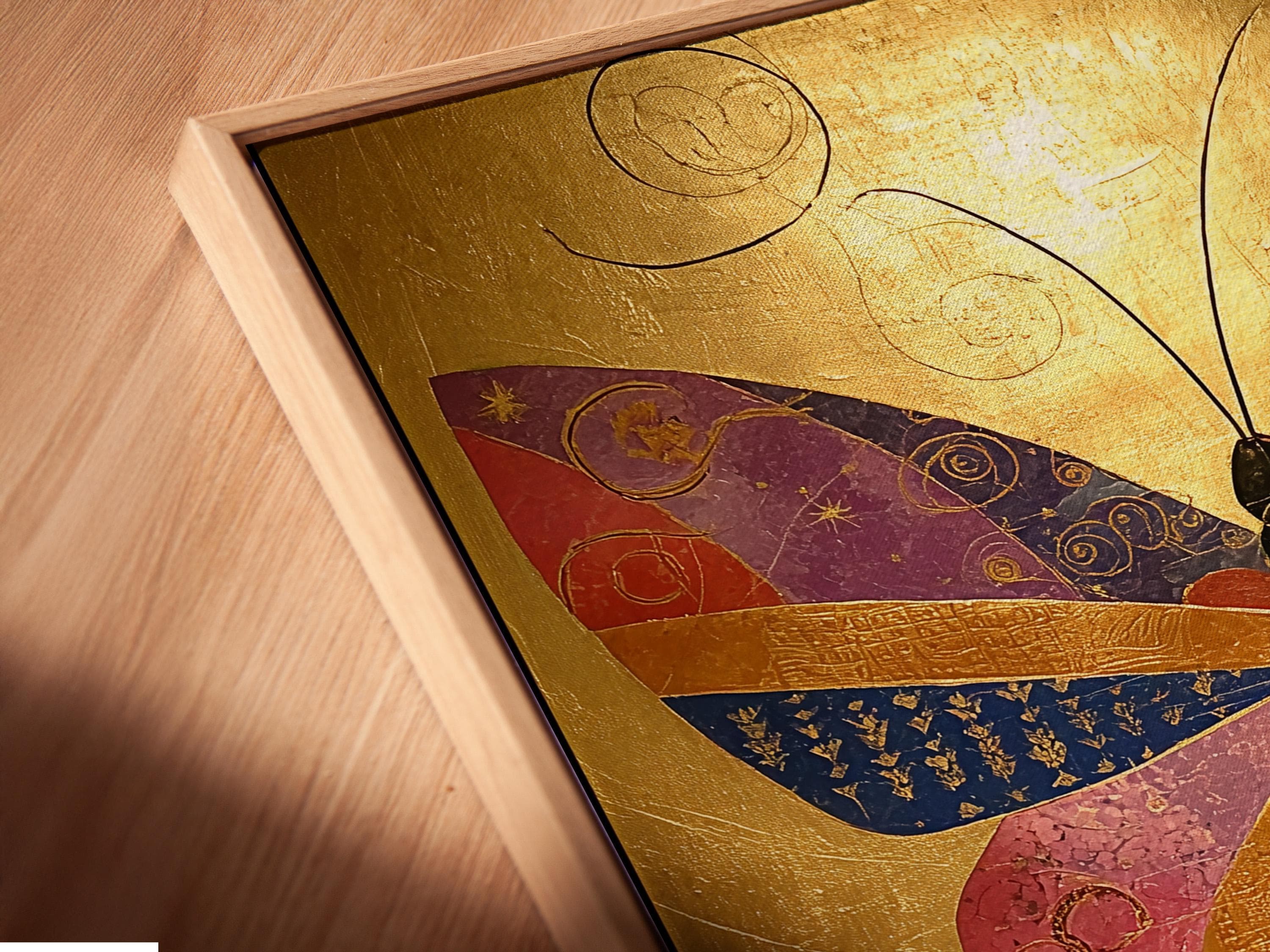 Artwork mockup showing a gold butterfly design in a frame with tile-like geometric details