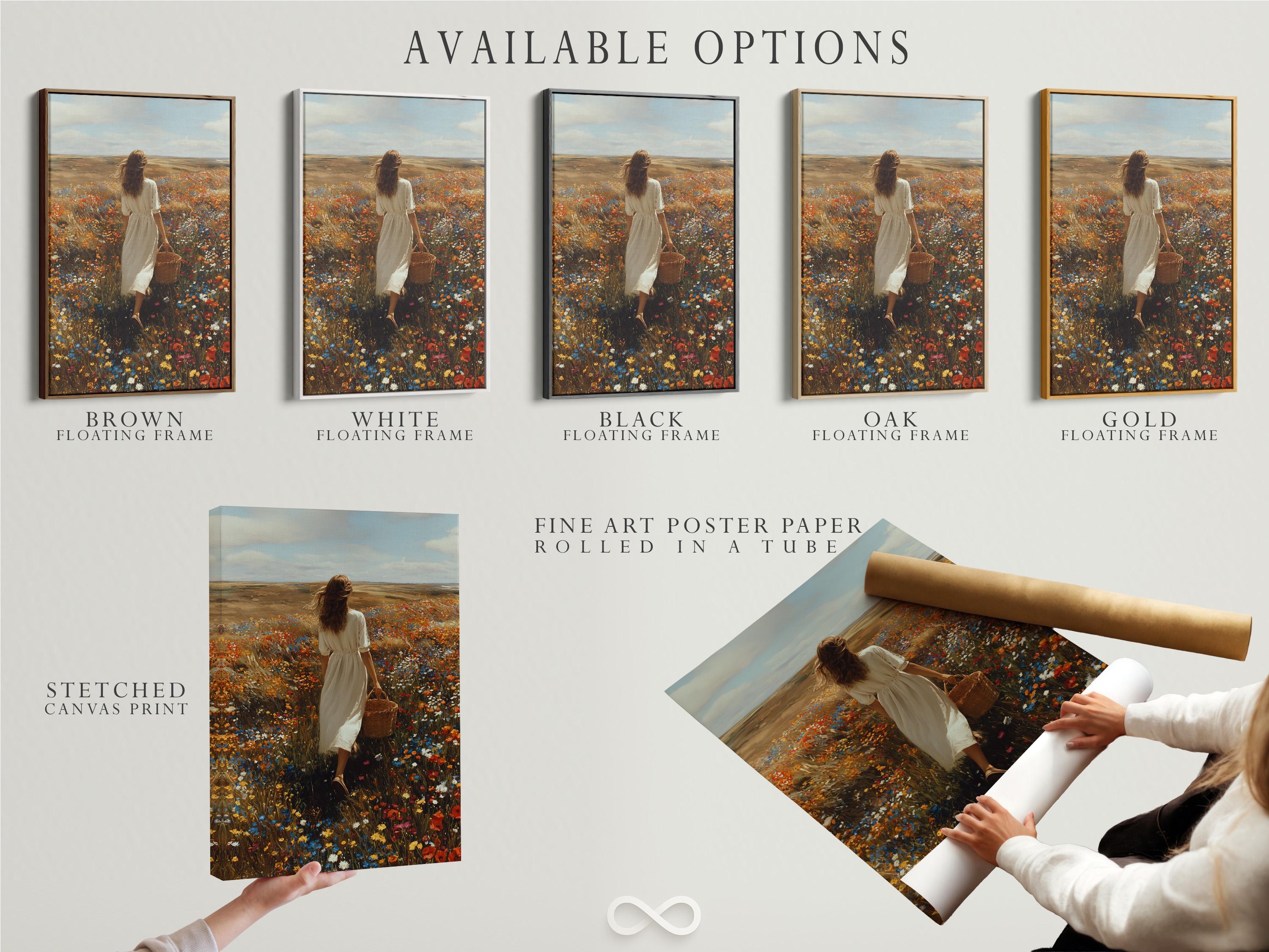Mockup showing framed wildflower meadow artwork with a woman walking in a field of flowers