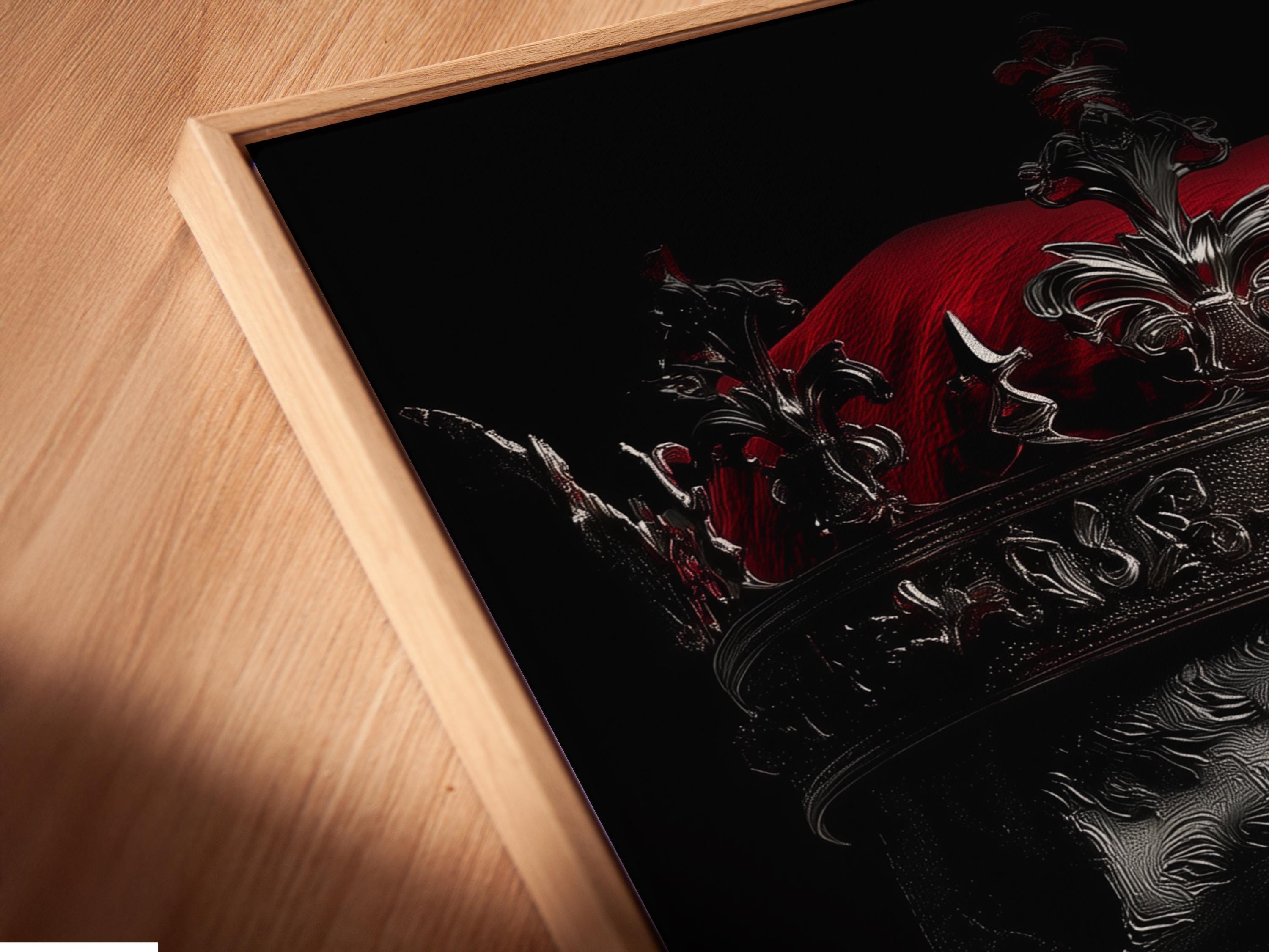 Dark gothic skull wall art mockup with ornate crown and red moon
