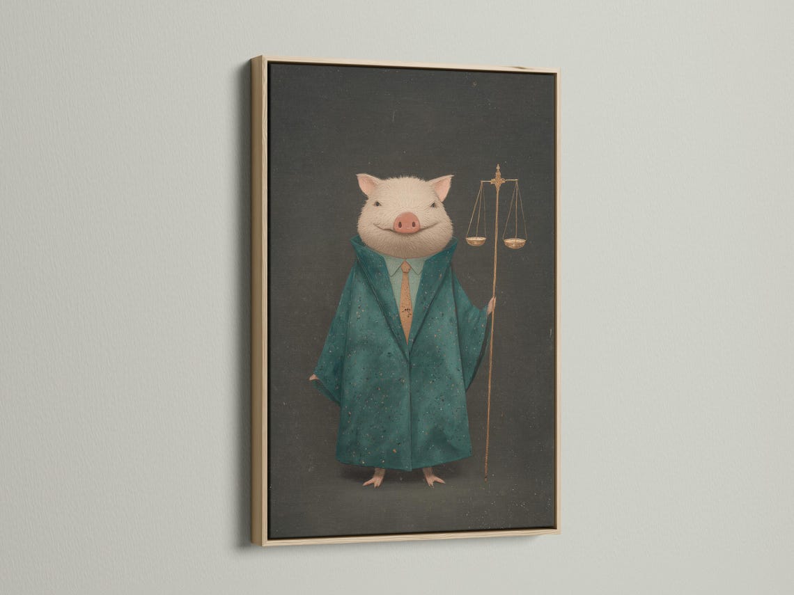 A pig in a teal suit with hanging gold scales on a dark textured background detail view