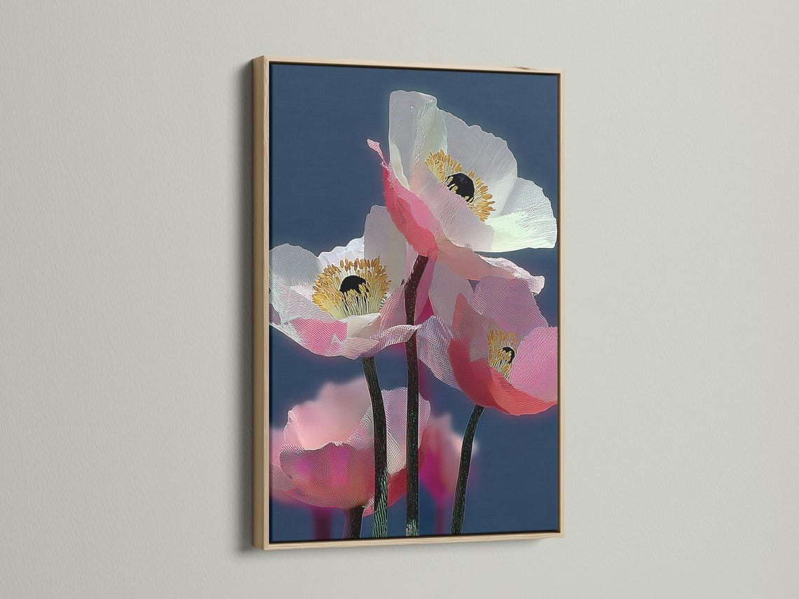 Room mockup showing a framed poppy flower artwork on a wall