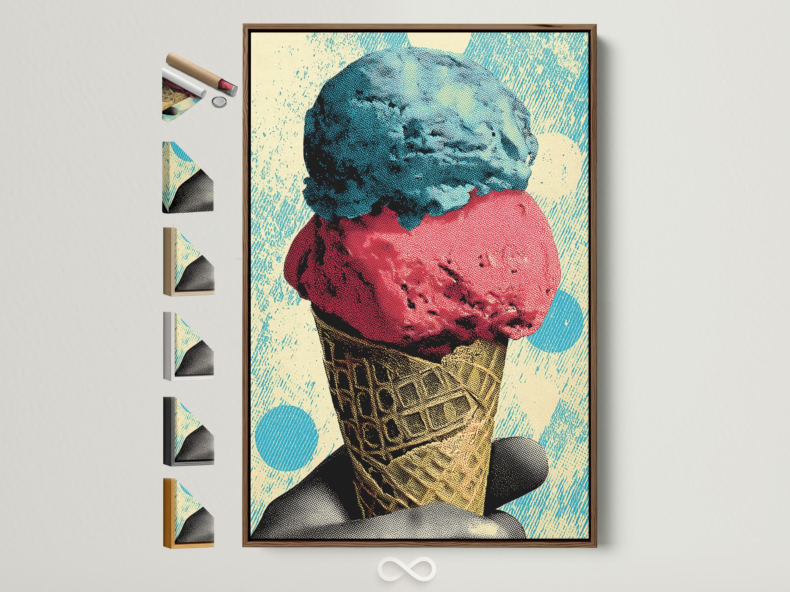 Pop-art ice cream cone illustration with turquoise and coral scoops and a patterned cone detail view
