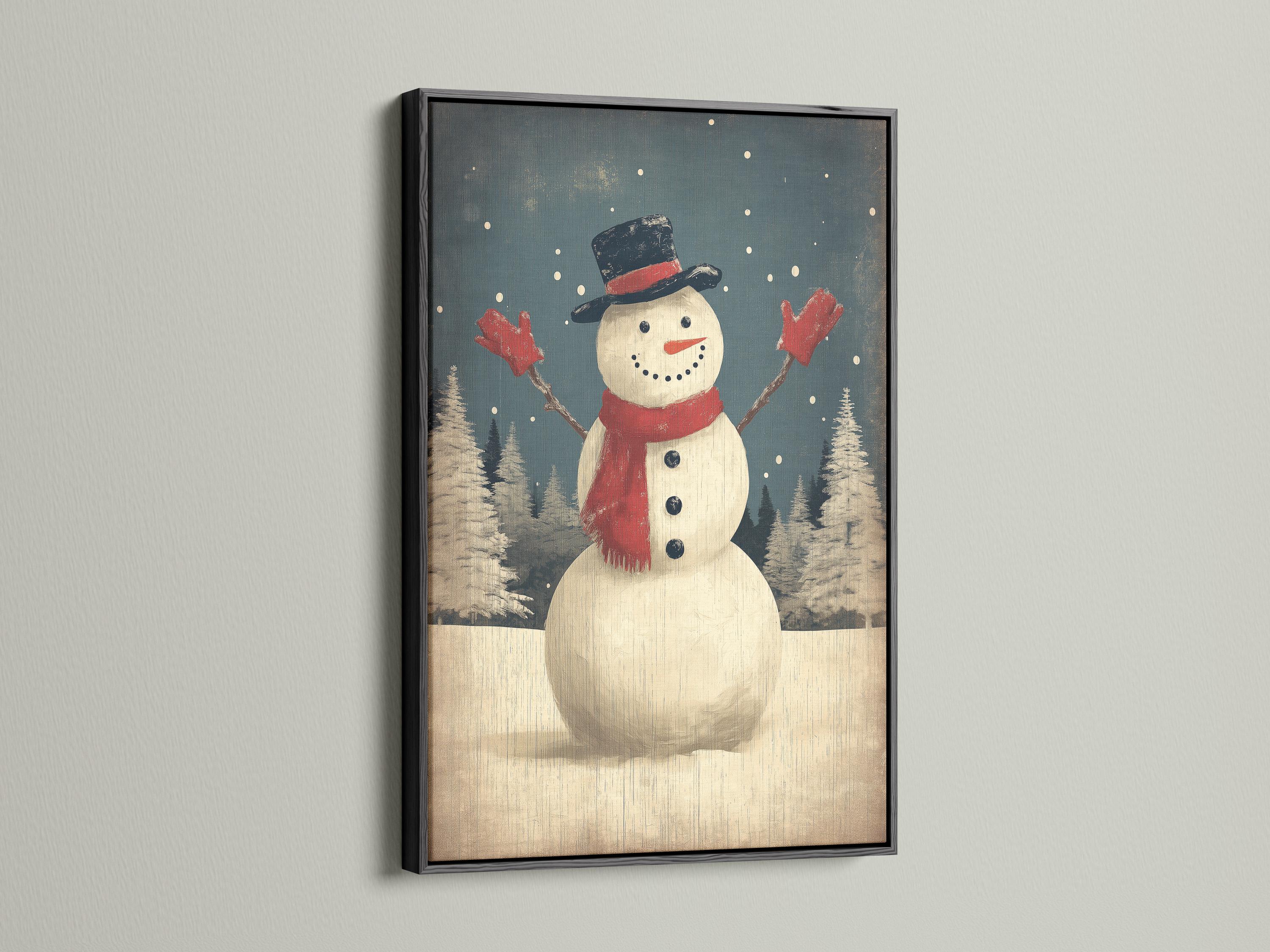 Snowman standing in falling snow with a dark top hat and red scarf in a winter forest scene detail view