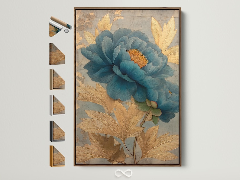 Teal peony flower with gold-brown leaves over a light grey map-like background