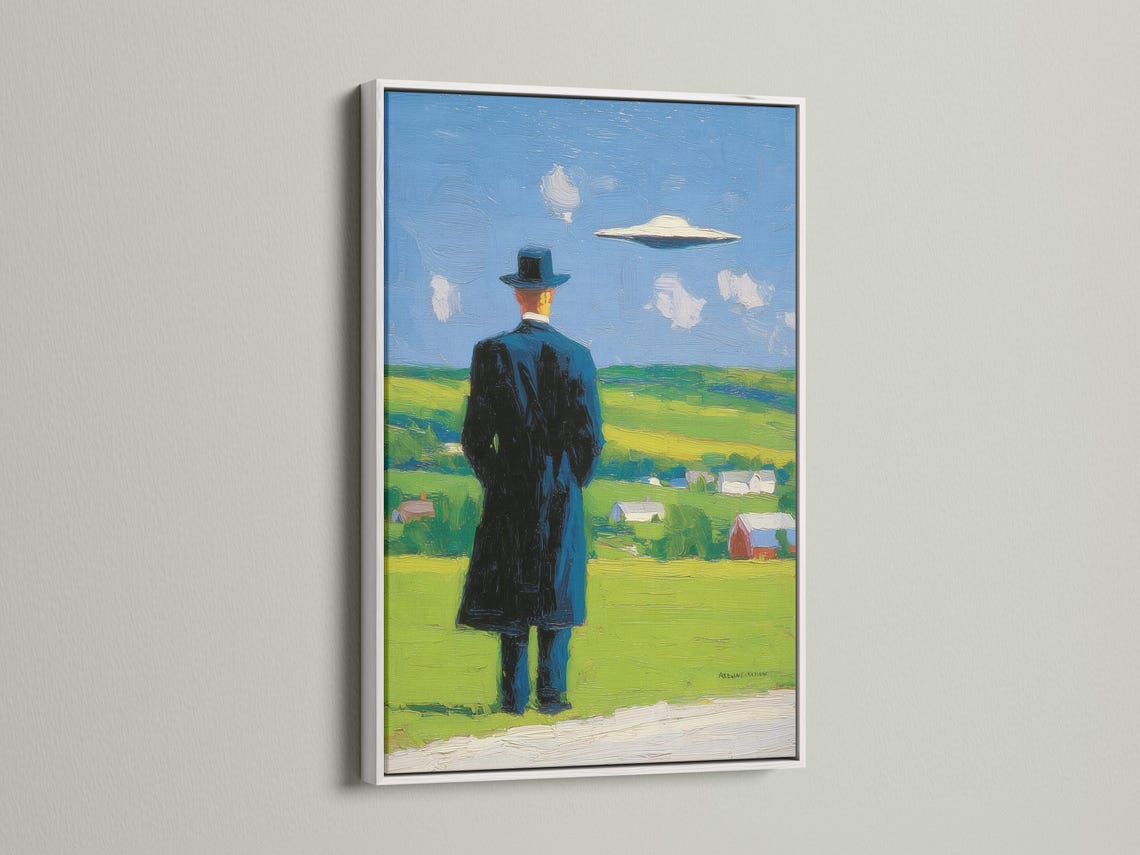 Man in a top hat looking up at a hovering UFO in a blue sky over green countryside detail view