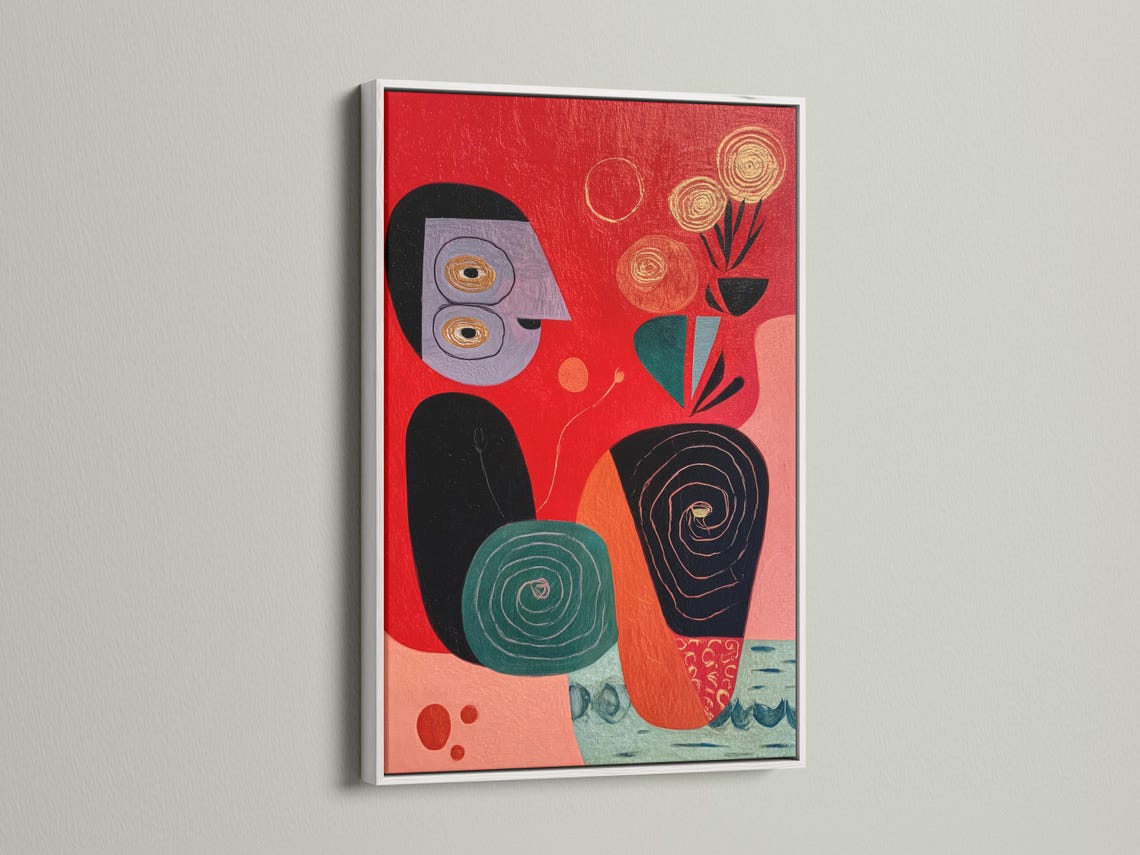 Abstract face artwork with red background, teal accents, black outlines and spiral details detail view