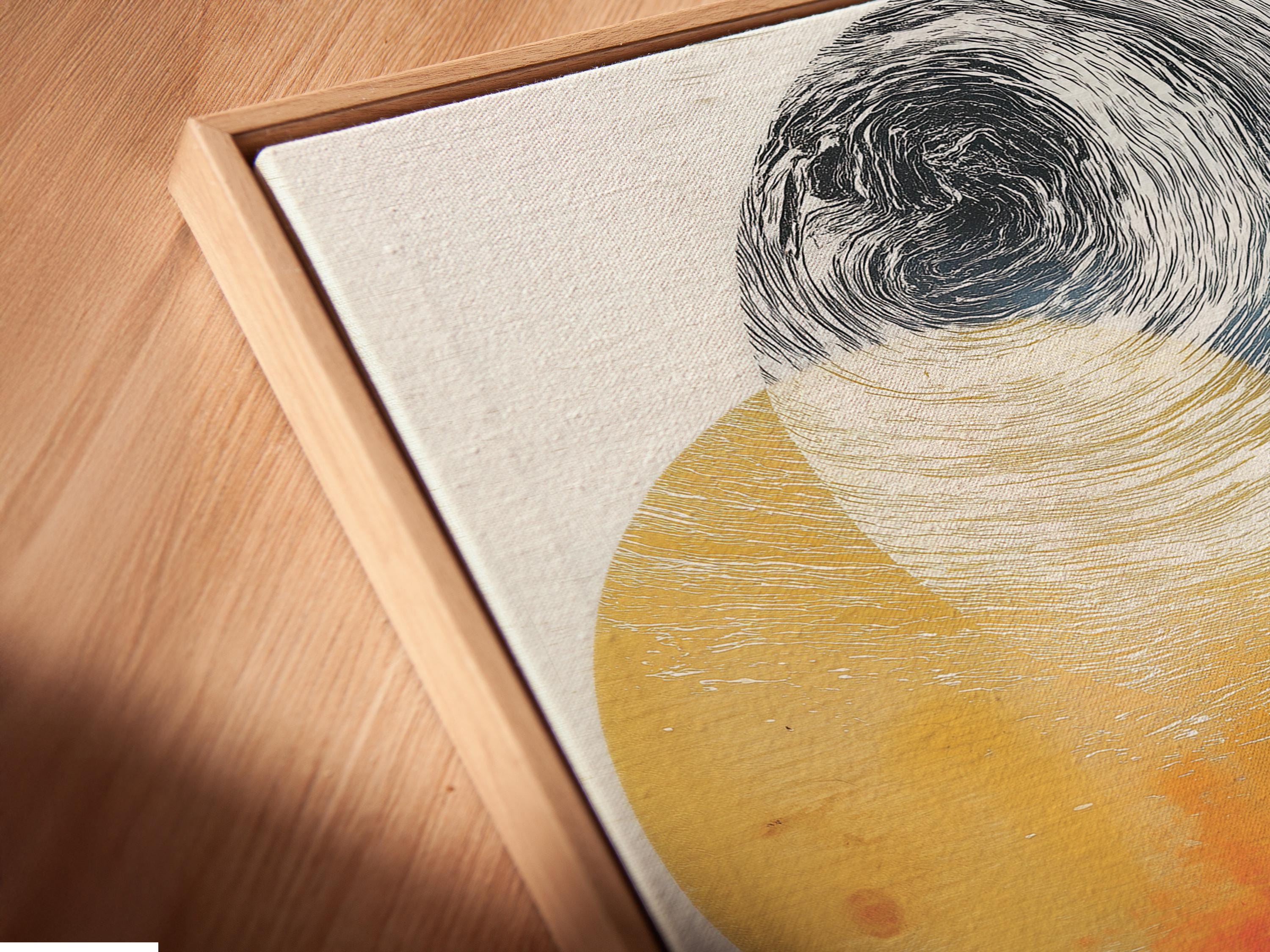 Ochre, grey and blue abstract landscape with swirling wave linework and overlapping circles detail view