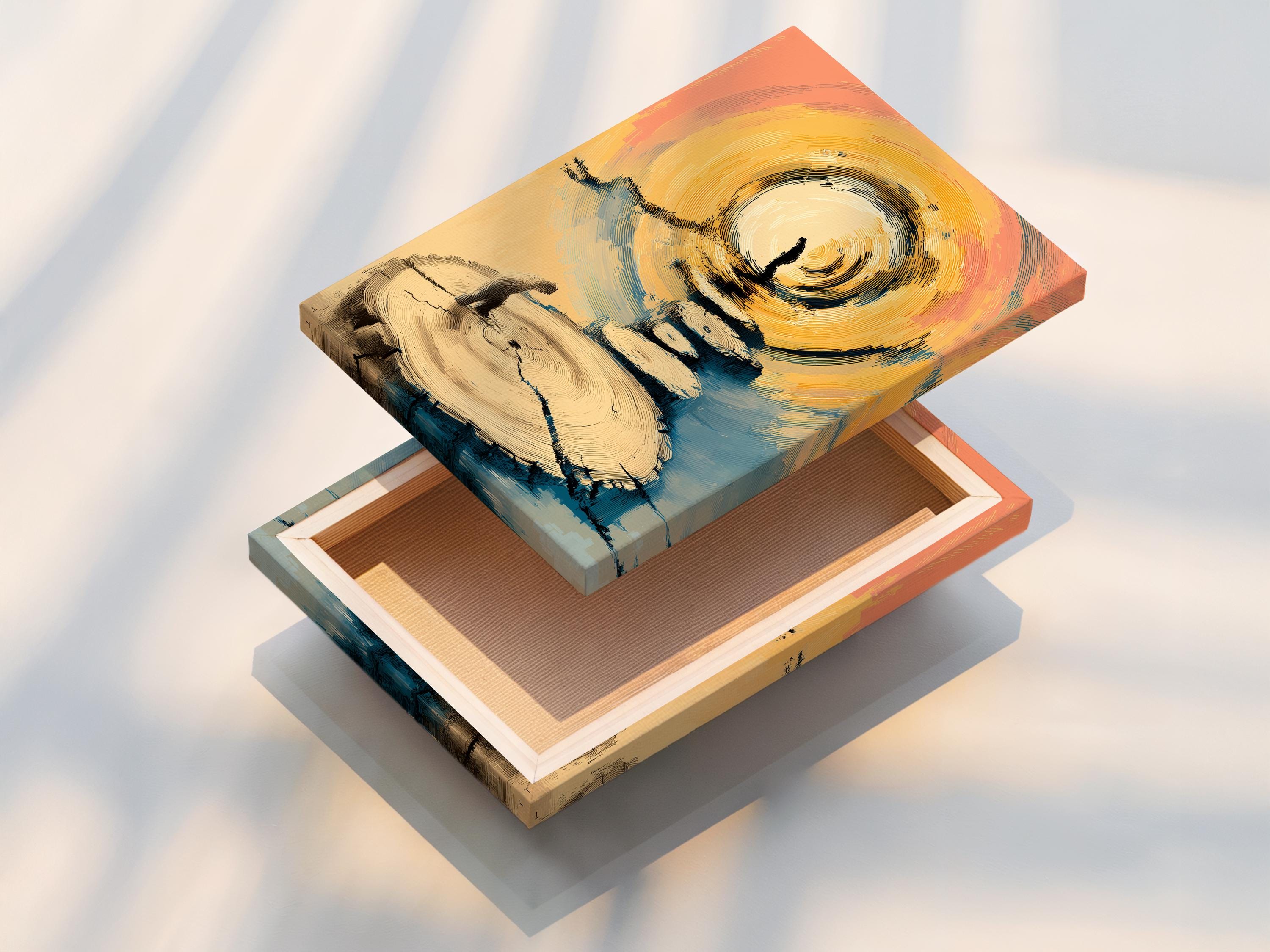 Abstract halo above curved steps with a small dark silhouette, in beige, gold and sky blue detail view