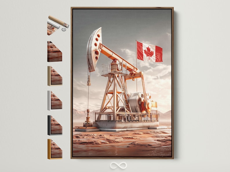 Oil derrick in a desert landscape with a waving red Canada flag