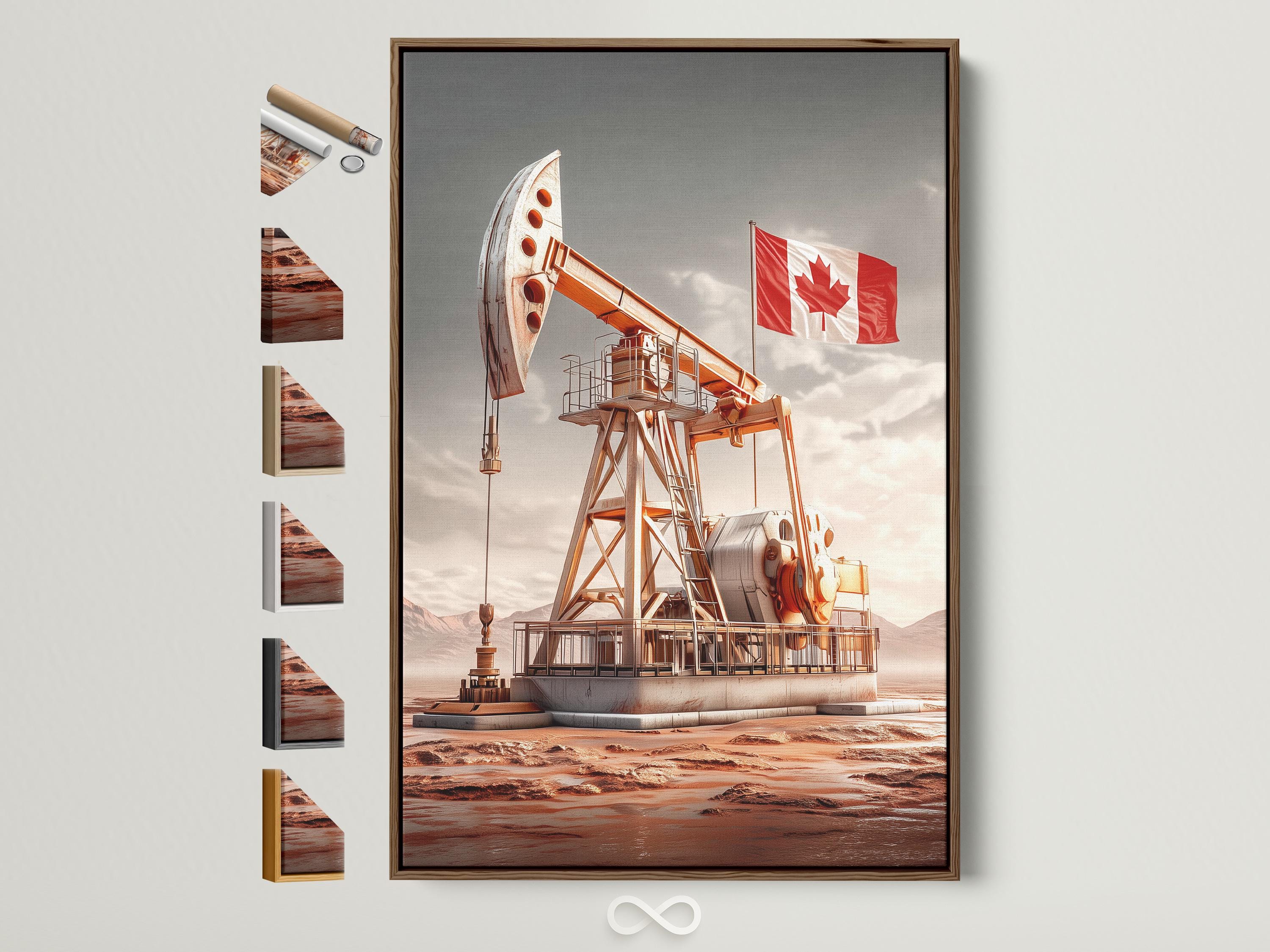 Oil derrick in a desert landscape with a waving red Canada flag