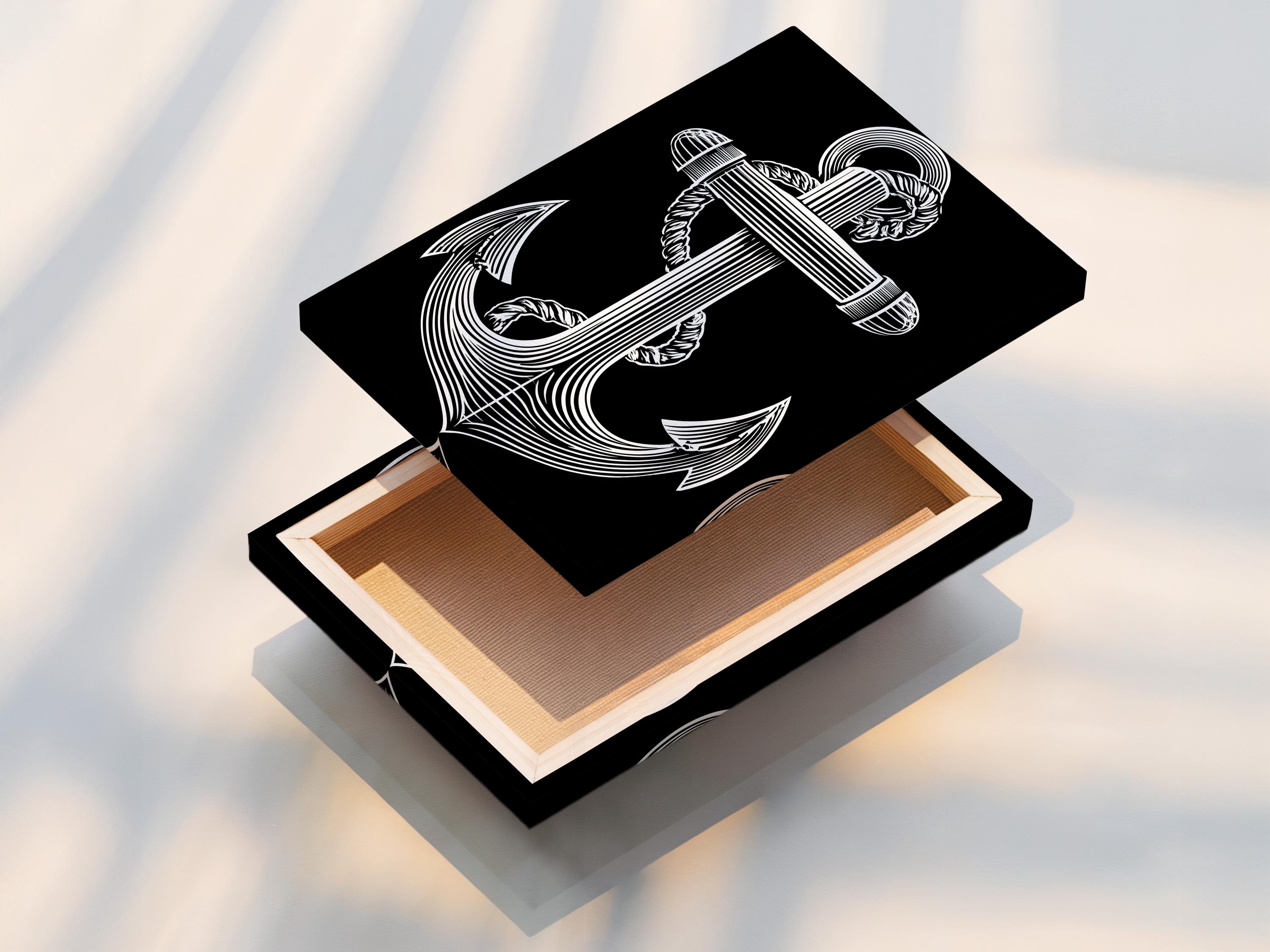 Black and white anchor line art with a profile figure and circular ring halo detail view