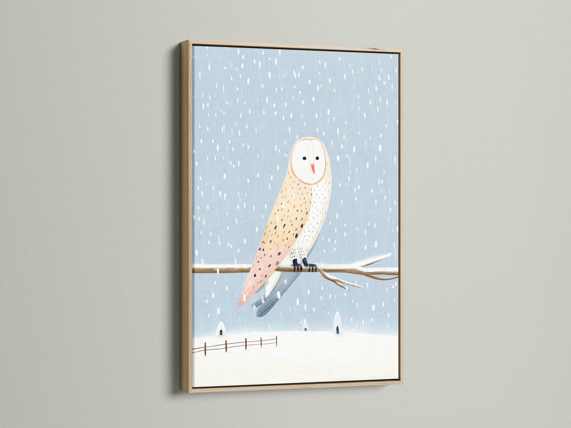 Illustrated owl flying through falling snow in a blue winter scene detail view