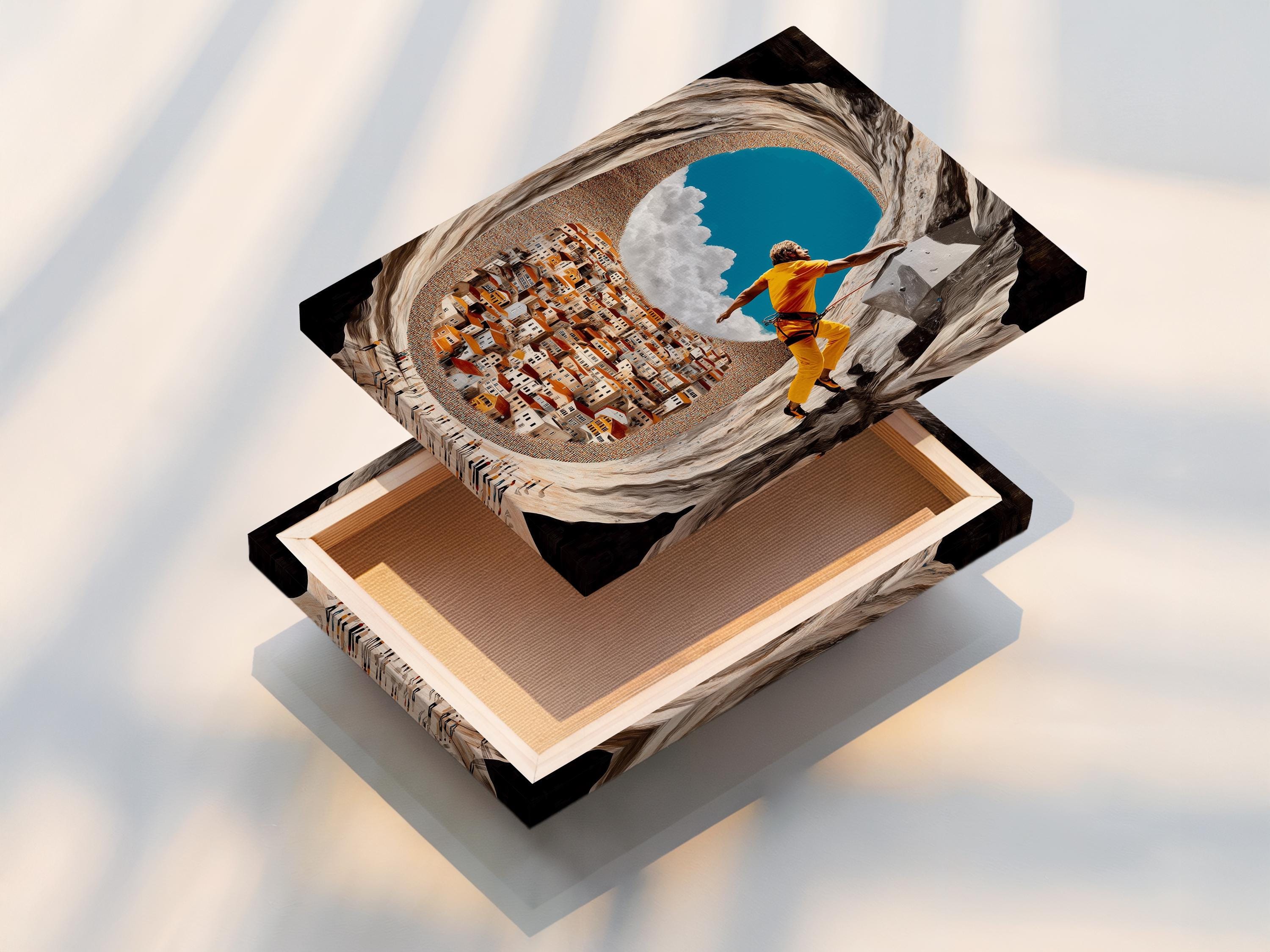 Wall art mockup showing a framed climber scene hanging on a wall among other frame options