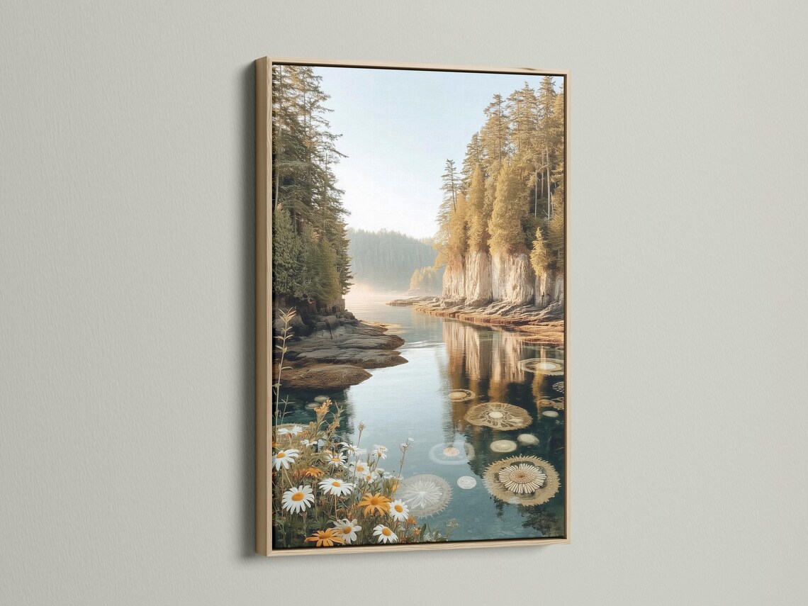 Wall mockup showing framed lake reflection artwork with wildflowers on a white background