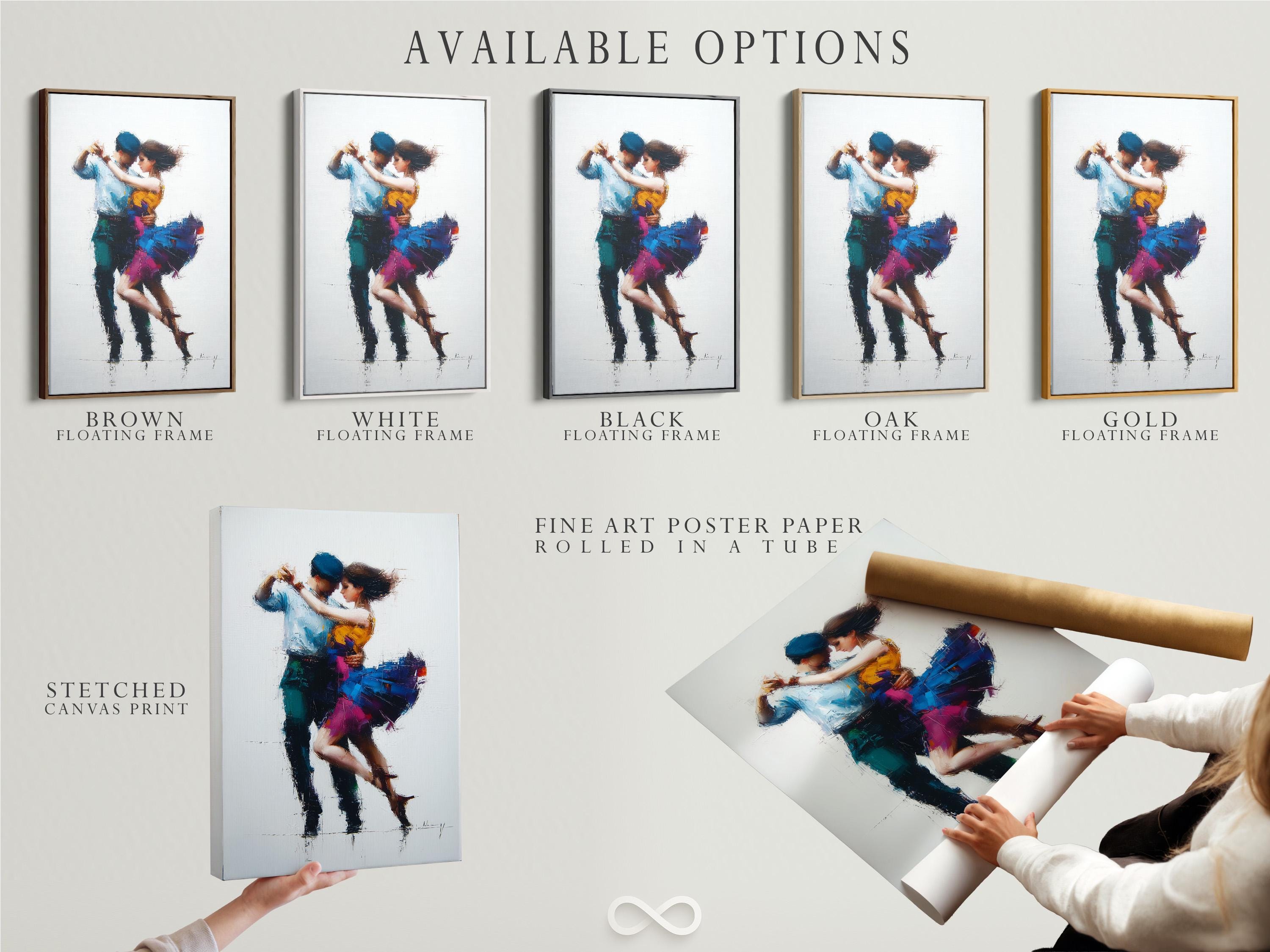 Framed wall artwork featuring a painterly tango couple in blue and gold