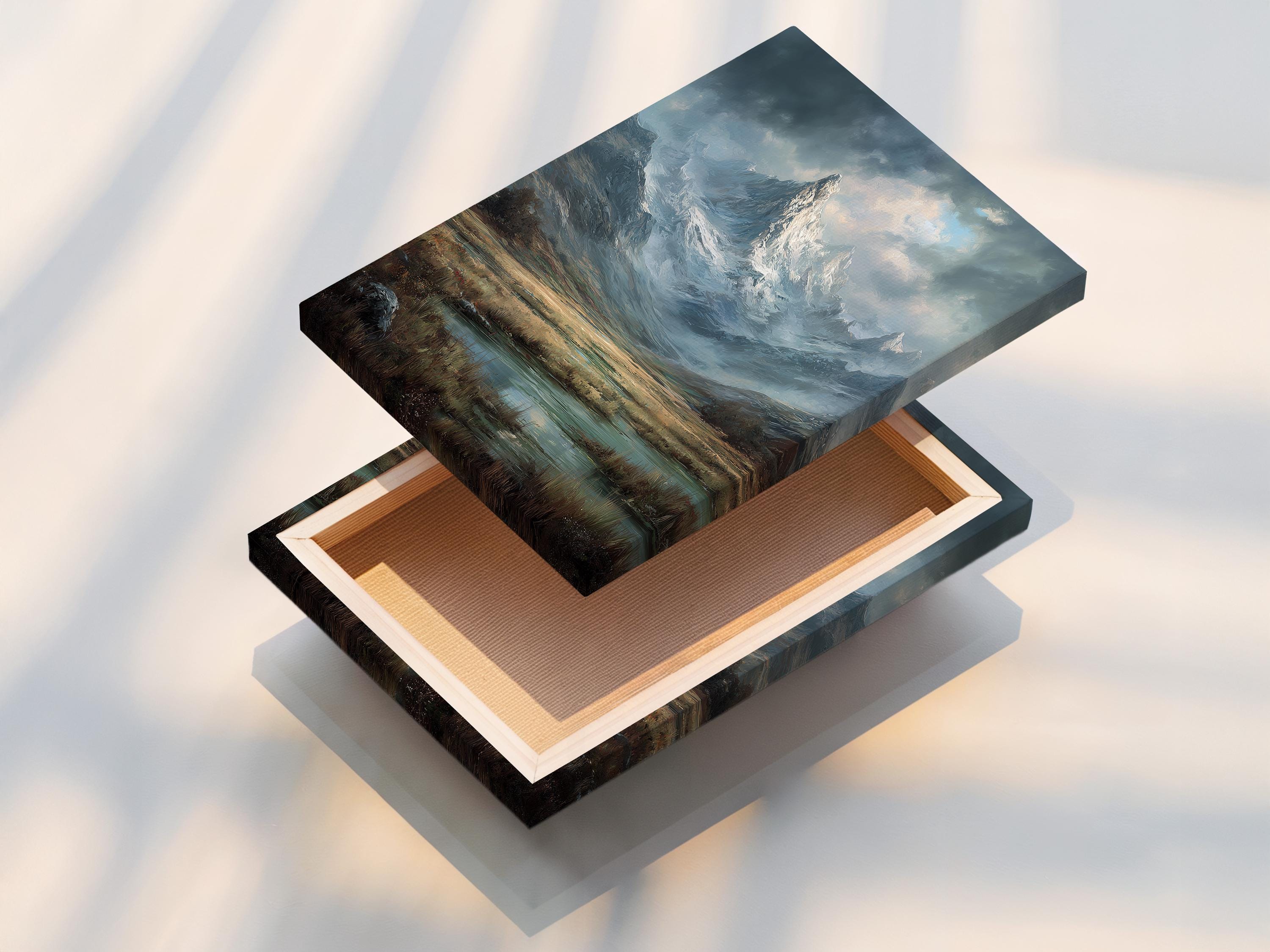 Room mockup showing a framed mountain landscape artwork on a wall