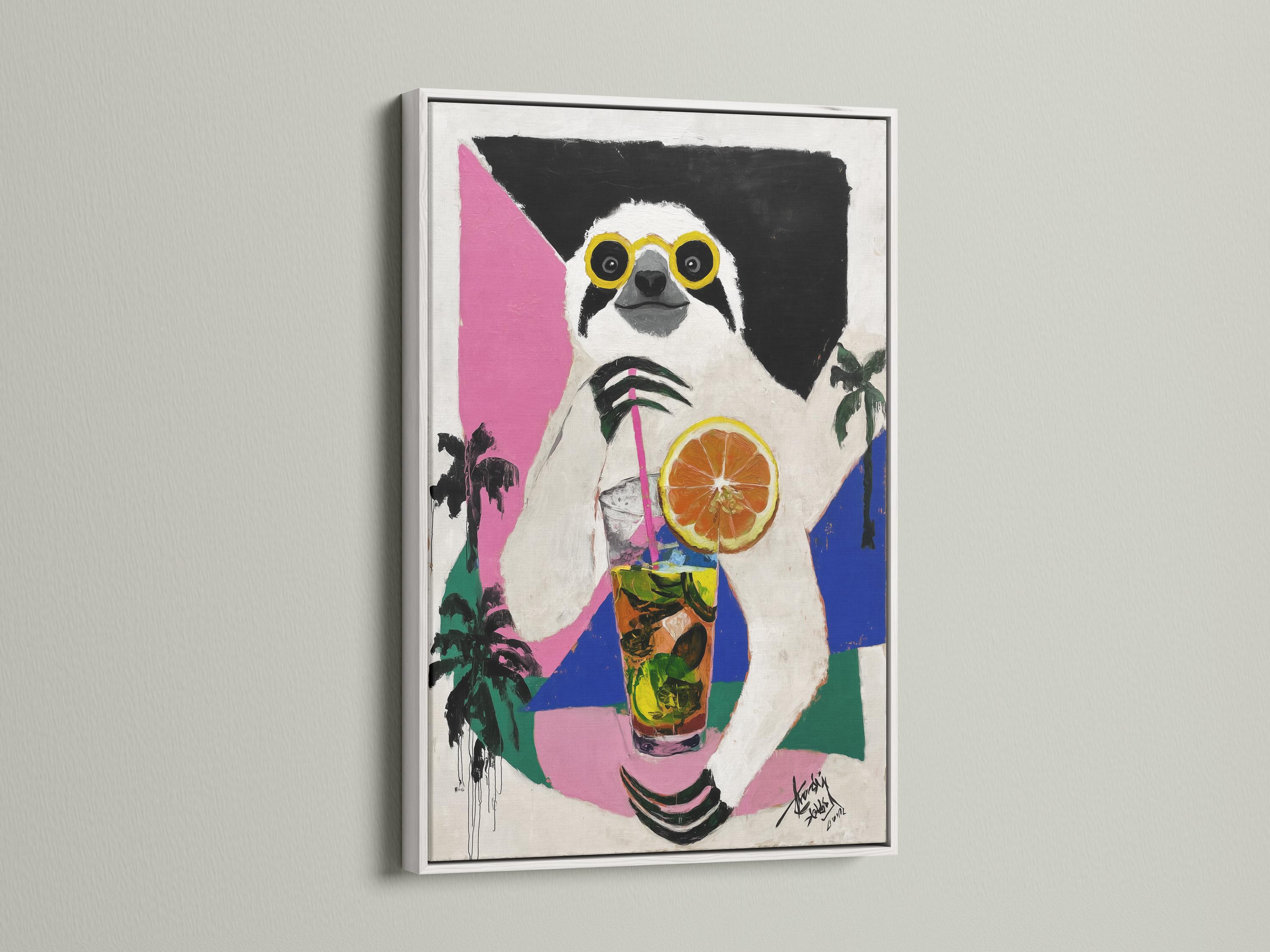 Sloth wearing yellow glasses holding a tropical drink with an orange slice against pink and blue blocks detail view