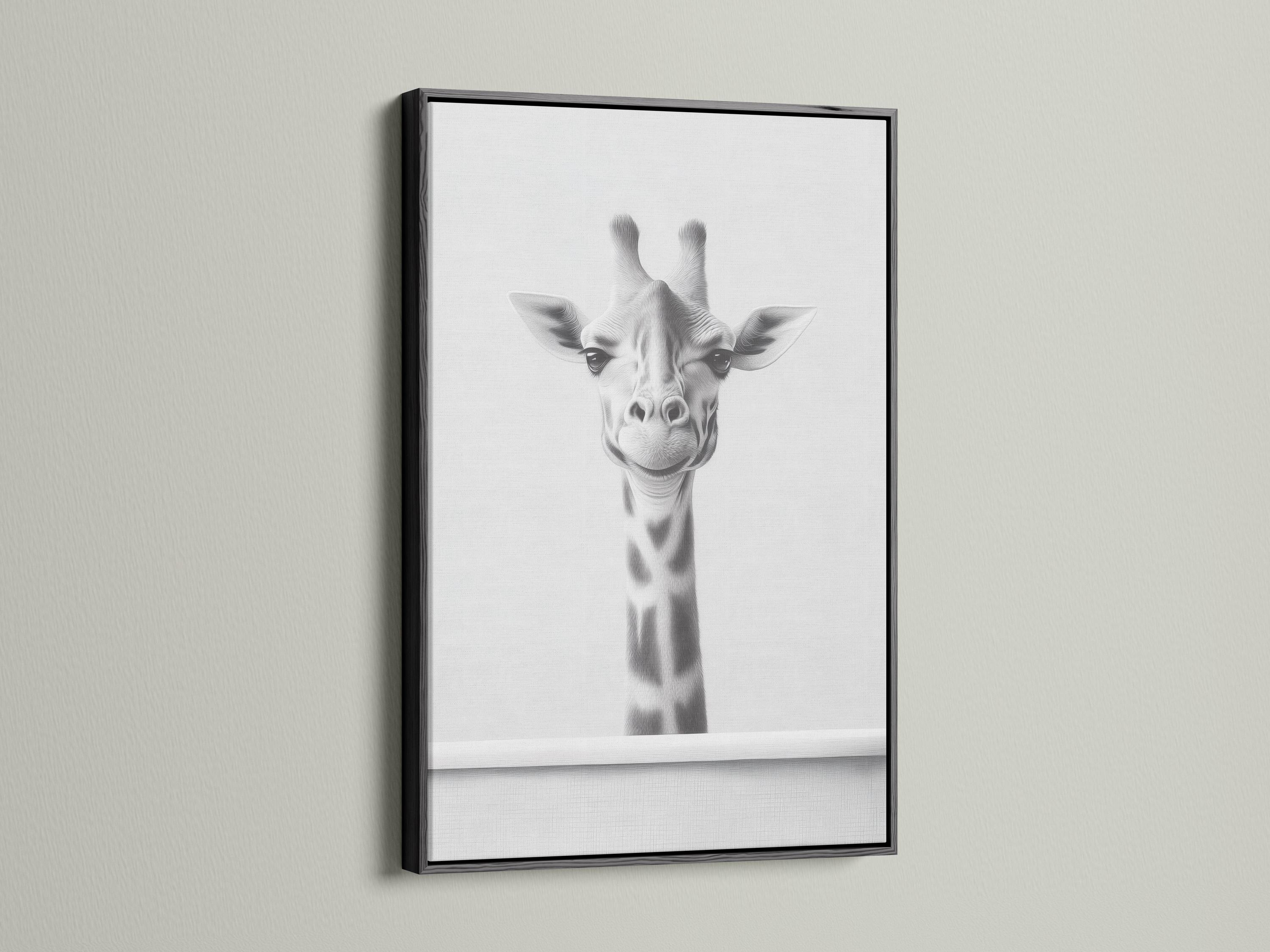 Black and white giraffe portrait illustration with soft sketch shading detail view
