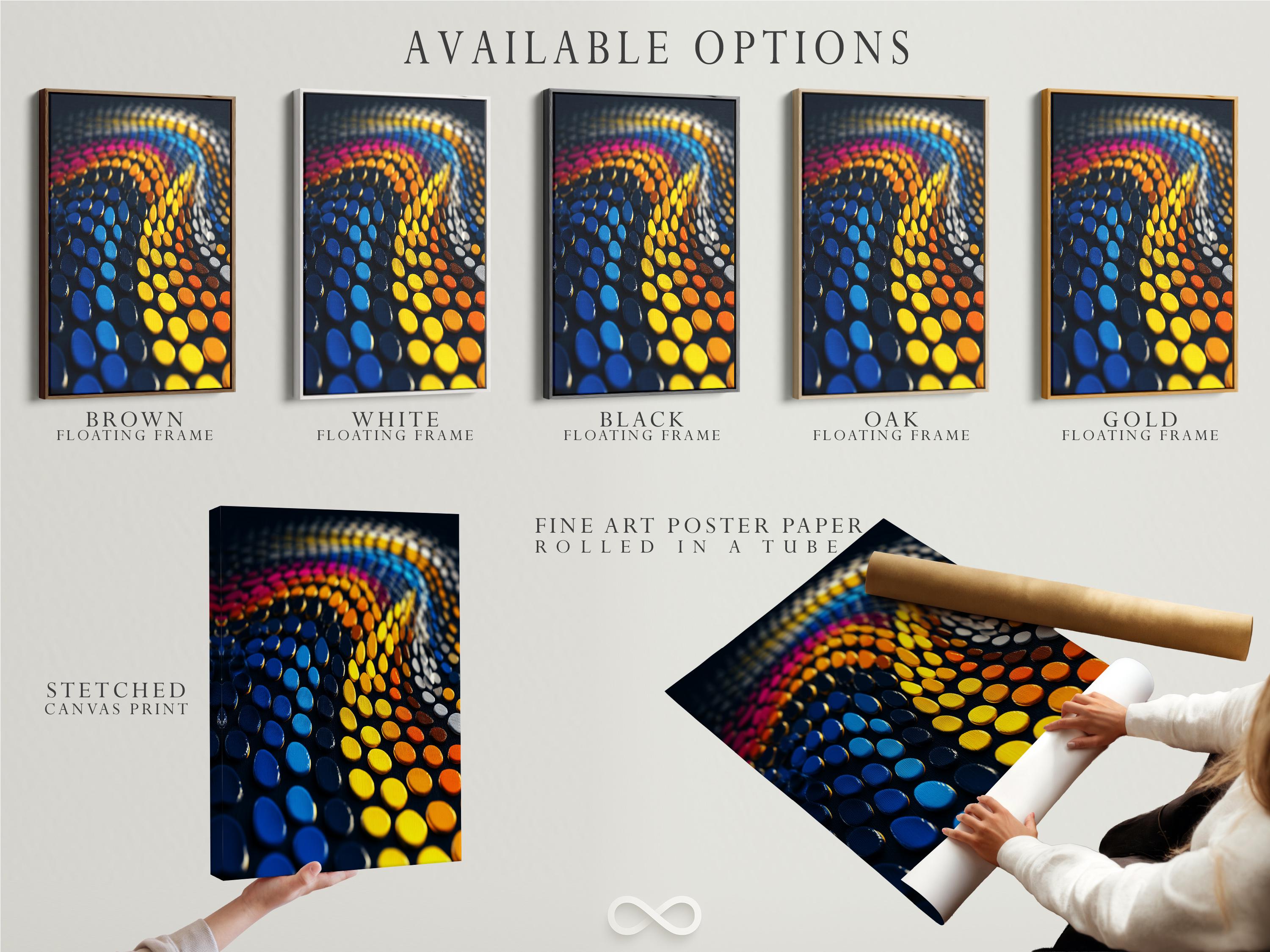 Abstract dots wave in blue, purple, yellow and orange on a dark background detail view