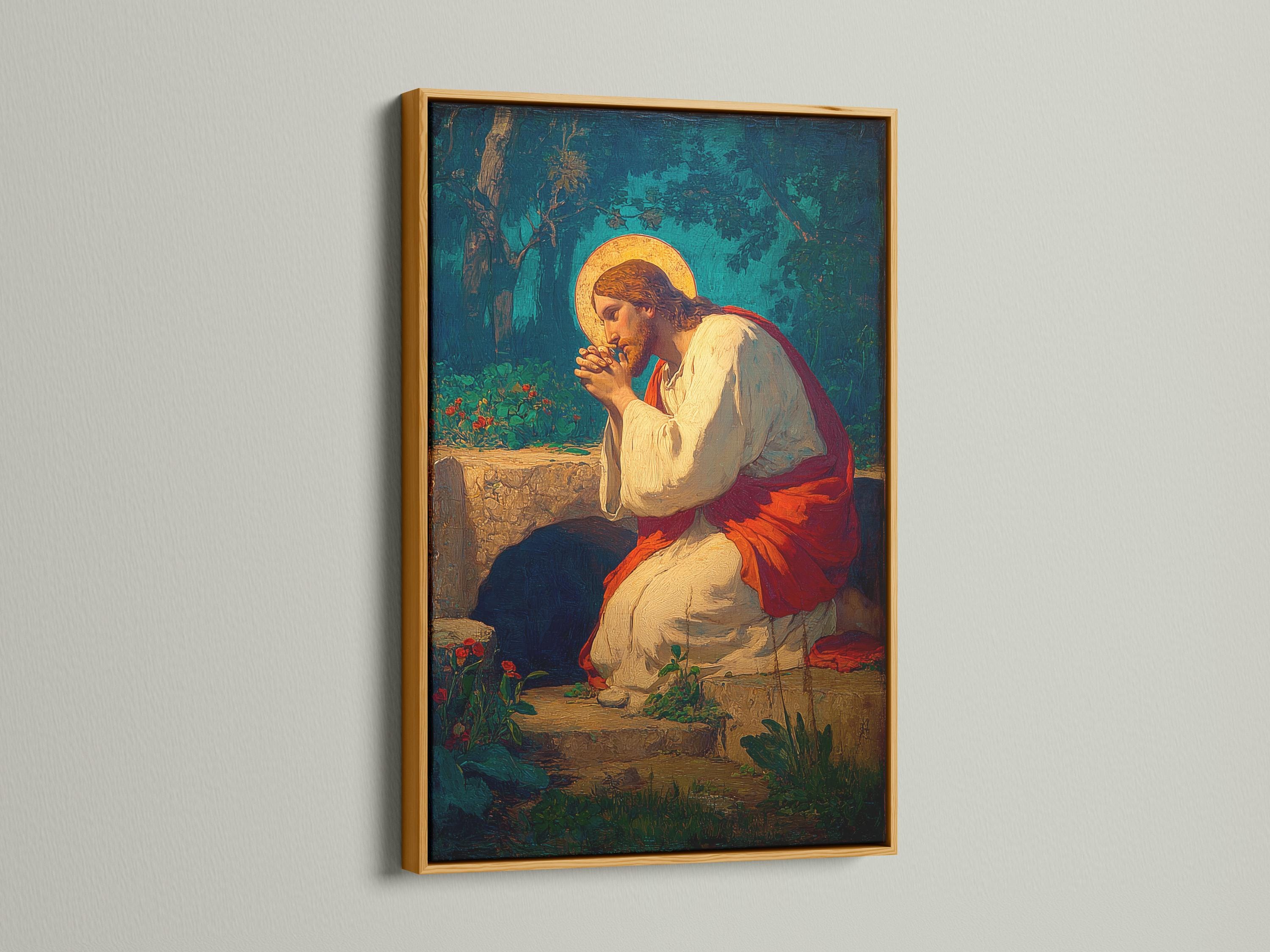 Praying religious portrait with a glowing golden halo against a deep blue-green landscape detail view