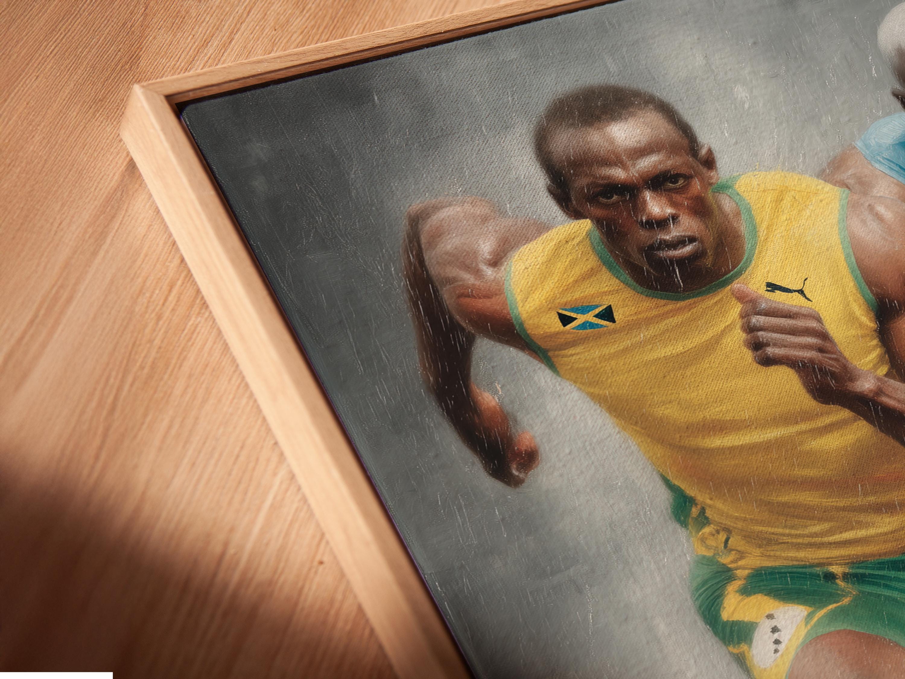 Room mockup showing a framed artwork of two sprinters in blue and yellow running toward the viewer