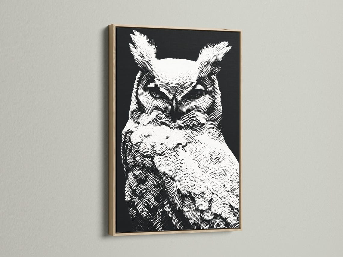 Black and white owl portrait made from dense dotted patterning detail view