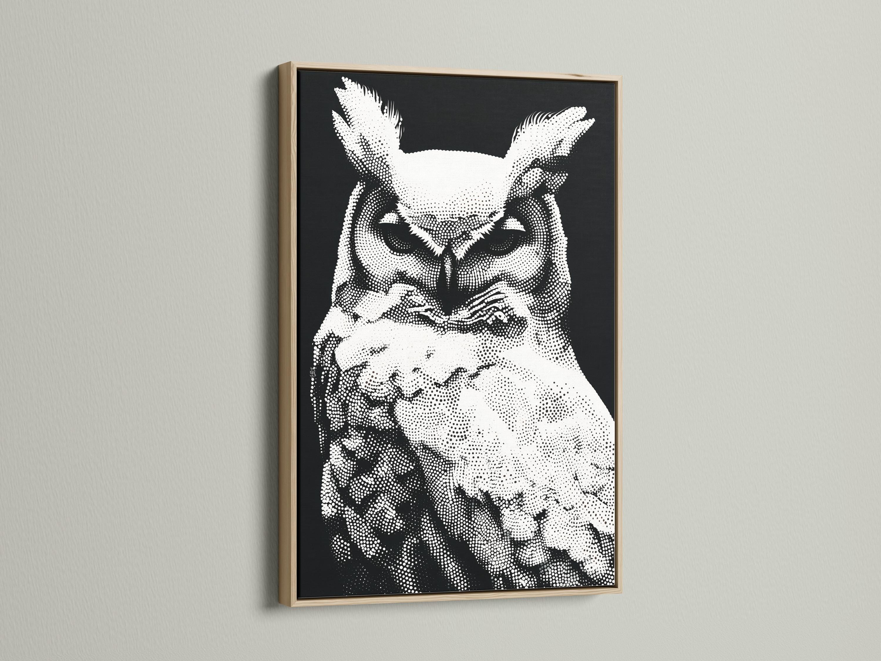 Black and white owl portrait made from dense dotted patterning detail view