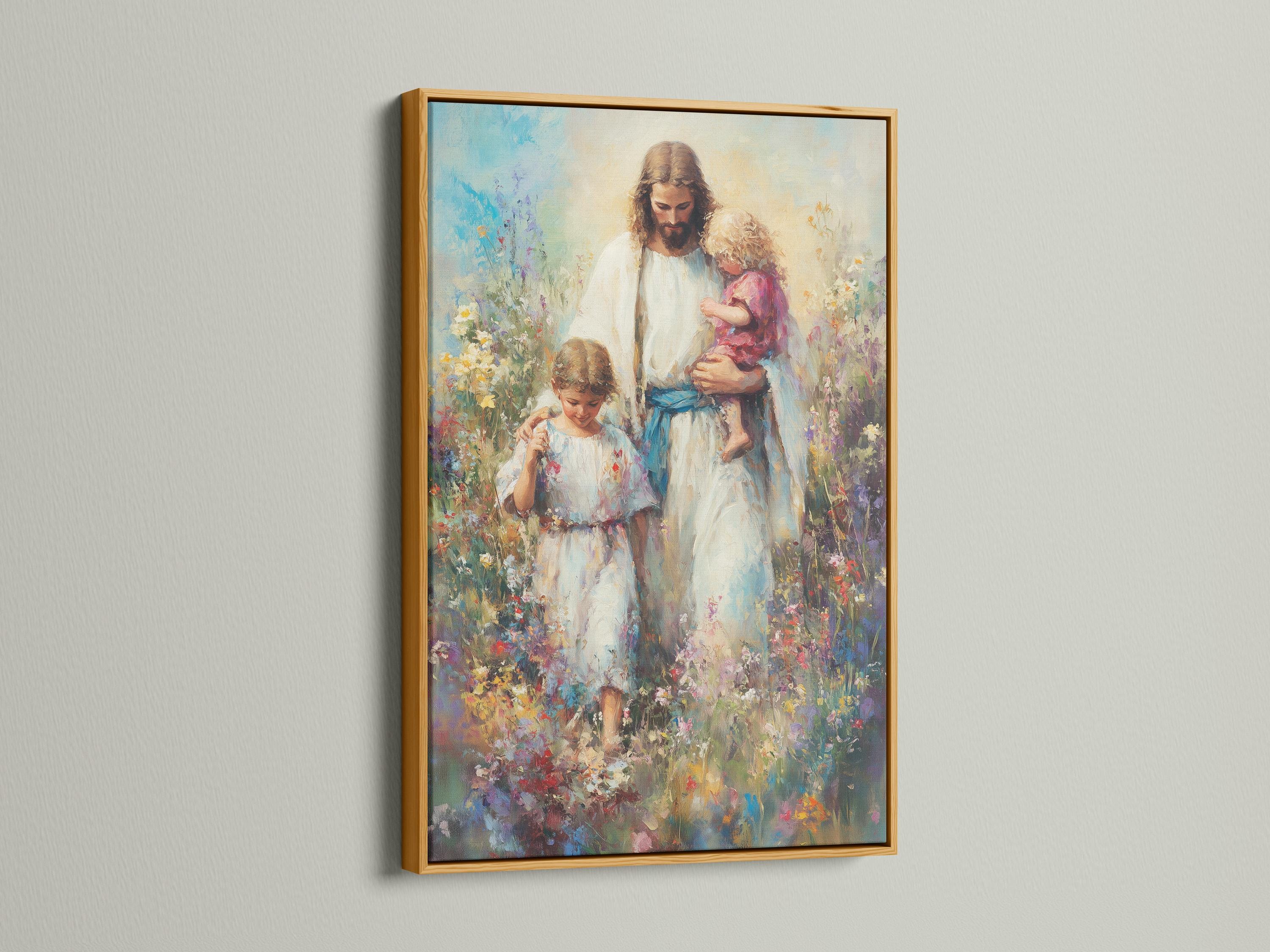 Painterly religious scene of a bearded adult holding a child in a colourful flower meadow detail view