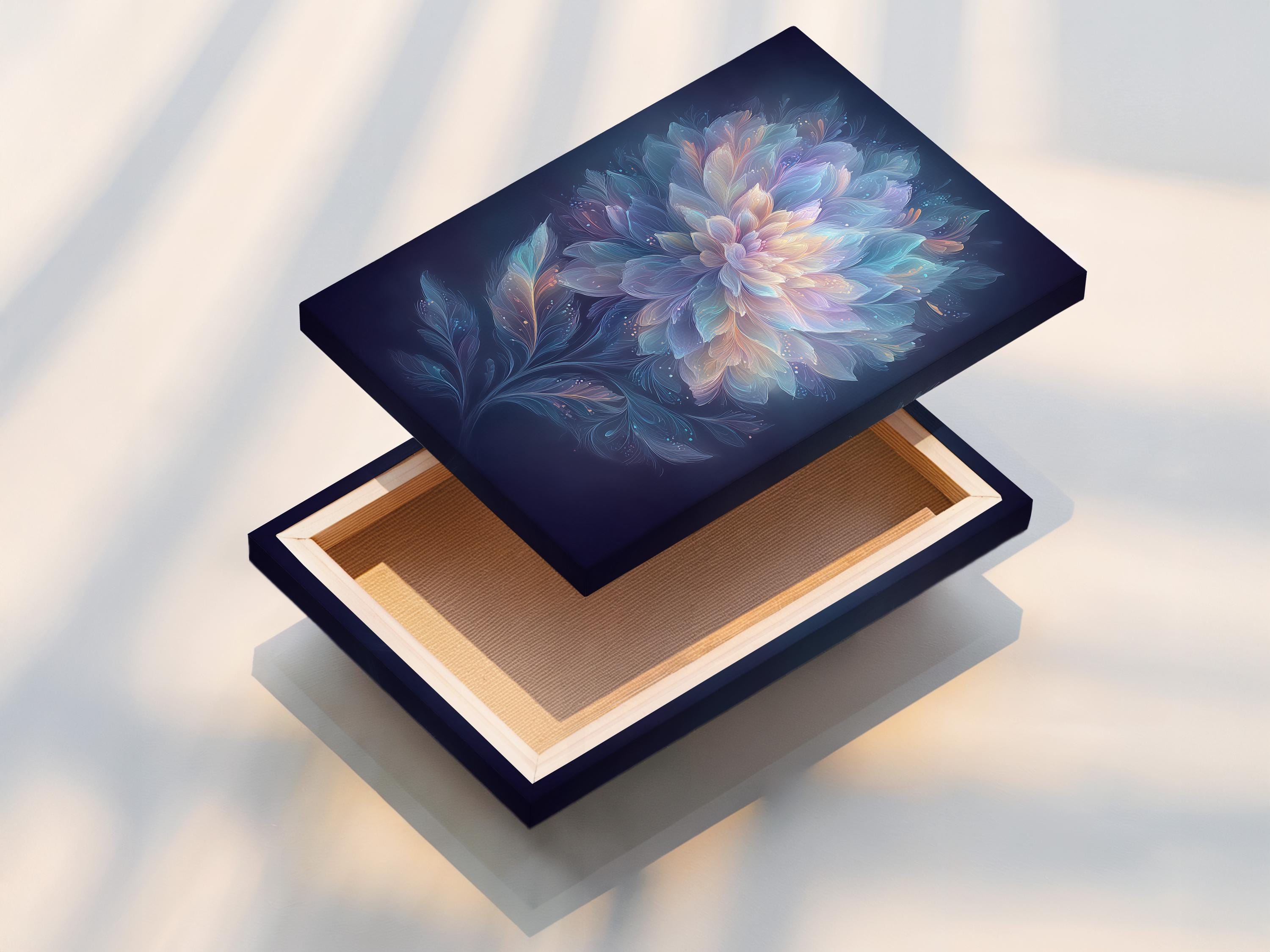 Wall mockup showing a framed floral artwork with pastel petals on deep navy blue