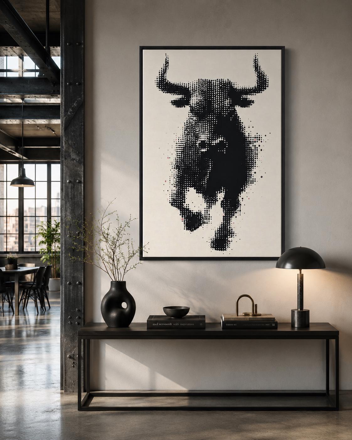 Black and white halftone bull head artwork with horns detail view
