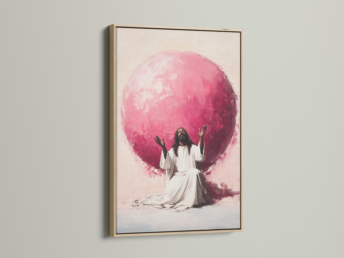 Seated robed figure with raised hands beneath a large glowing pink orb on a beige background detail view