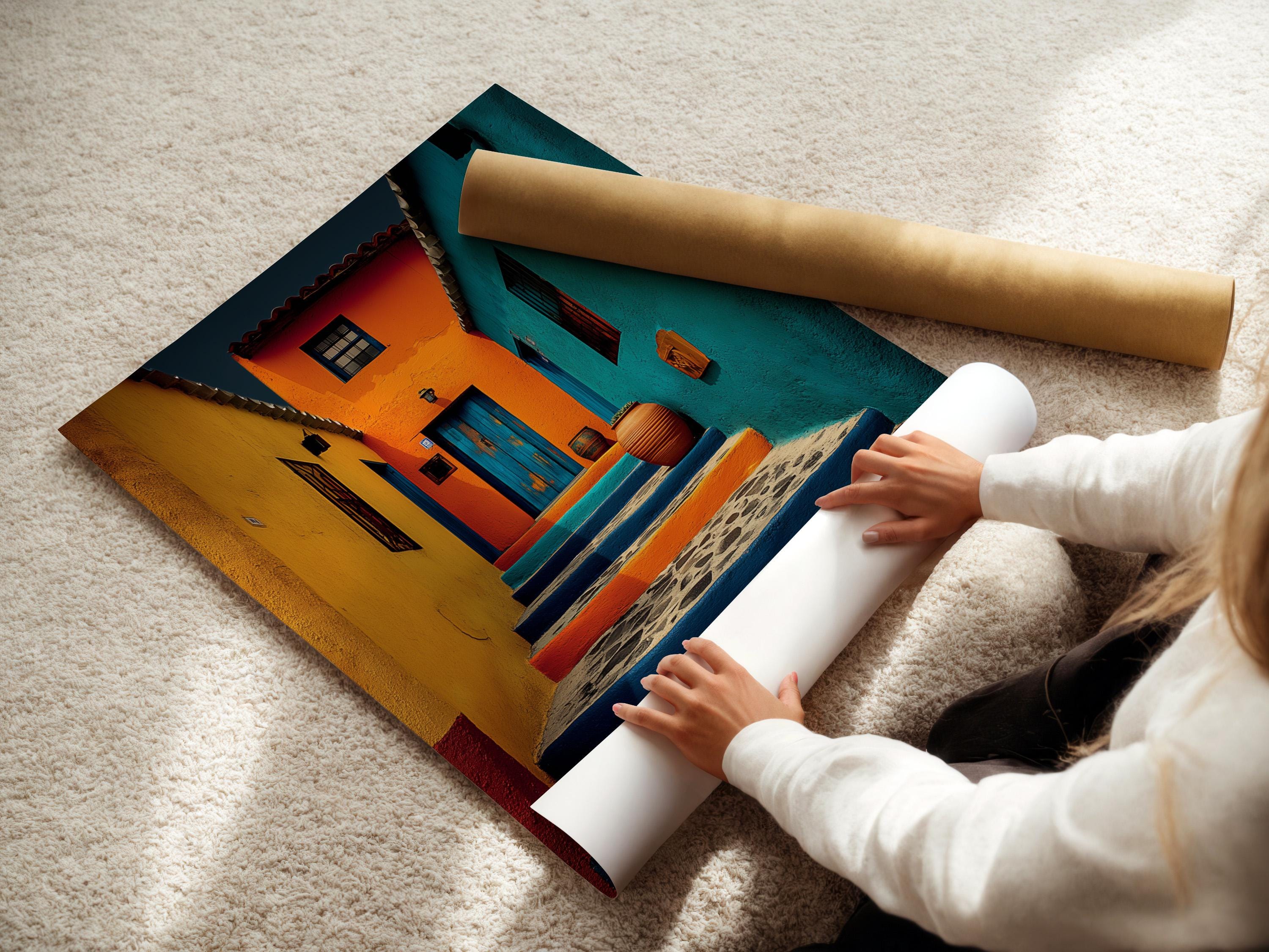 A colourful architectural courtyard scene shows sunlit steps, stucco walls and doorways in turquoise, orange and yellow tones detail view