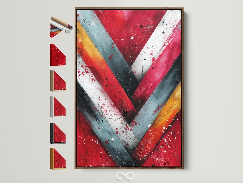 Abstract chevron V shape in red, teal and warm yellow with speckled dots