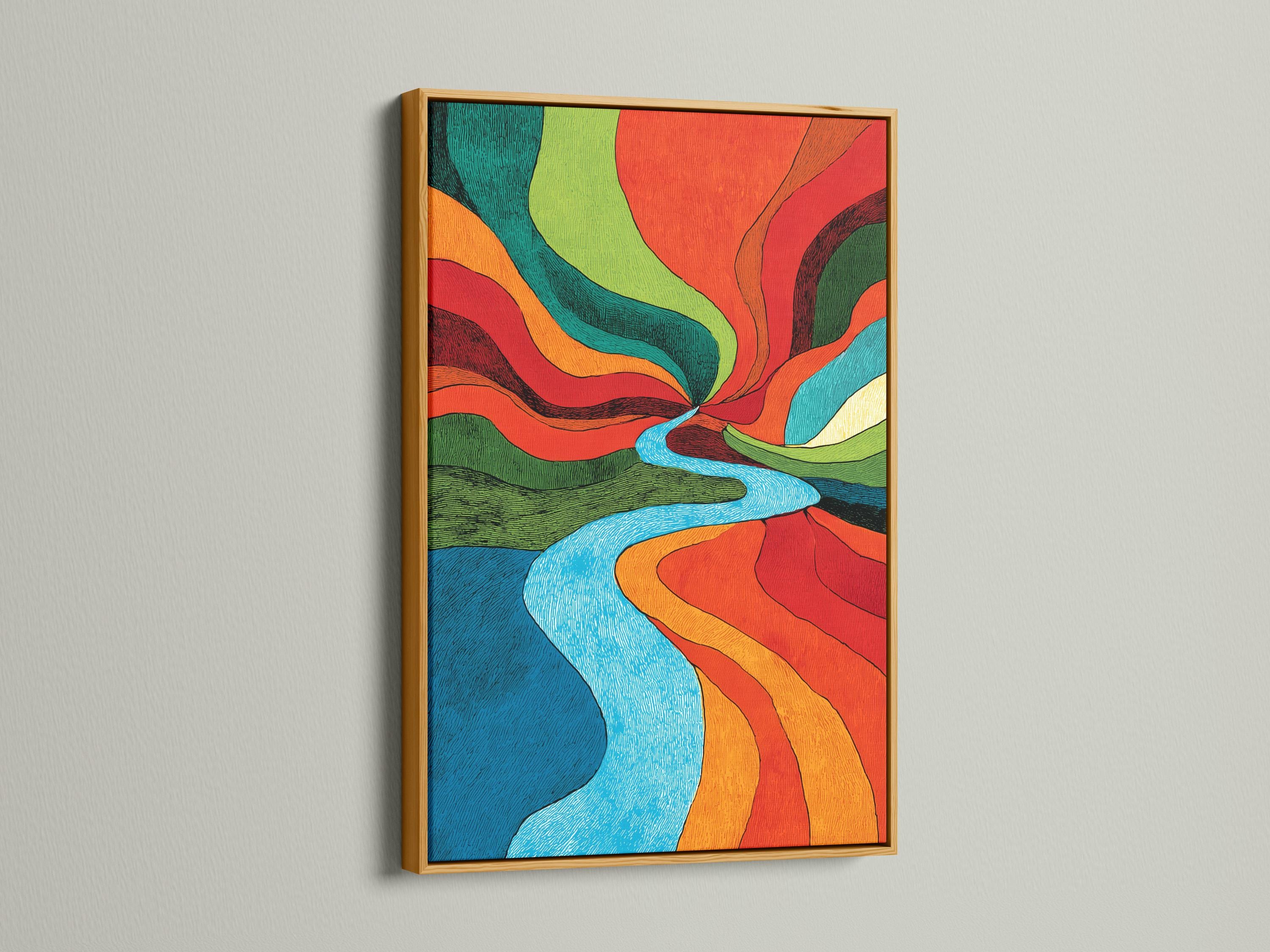 Retro abstract river artwork with bright blue water and vivid red, orange, green and teal bands detail view