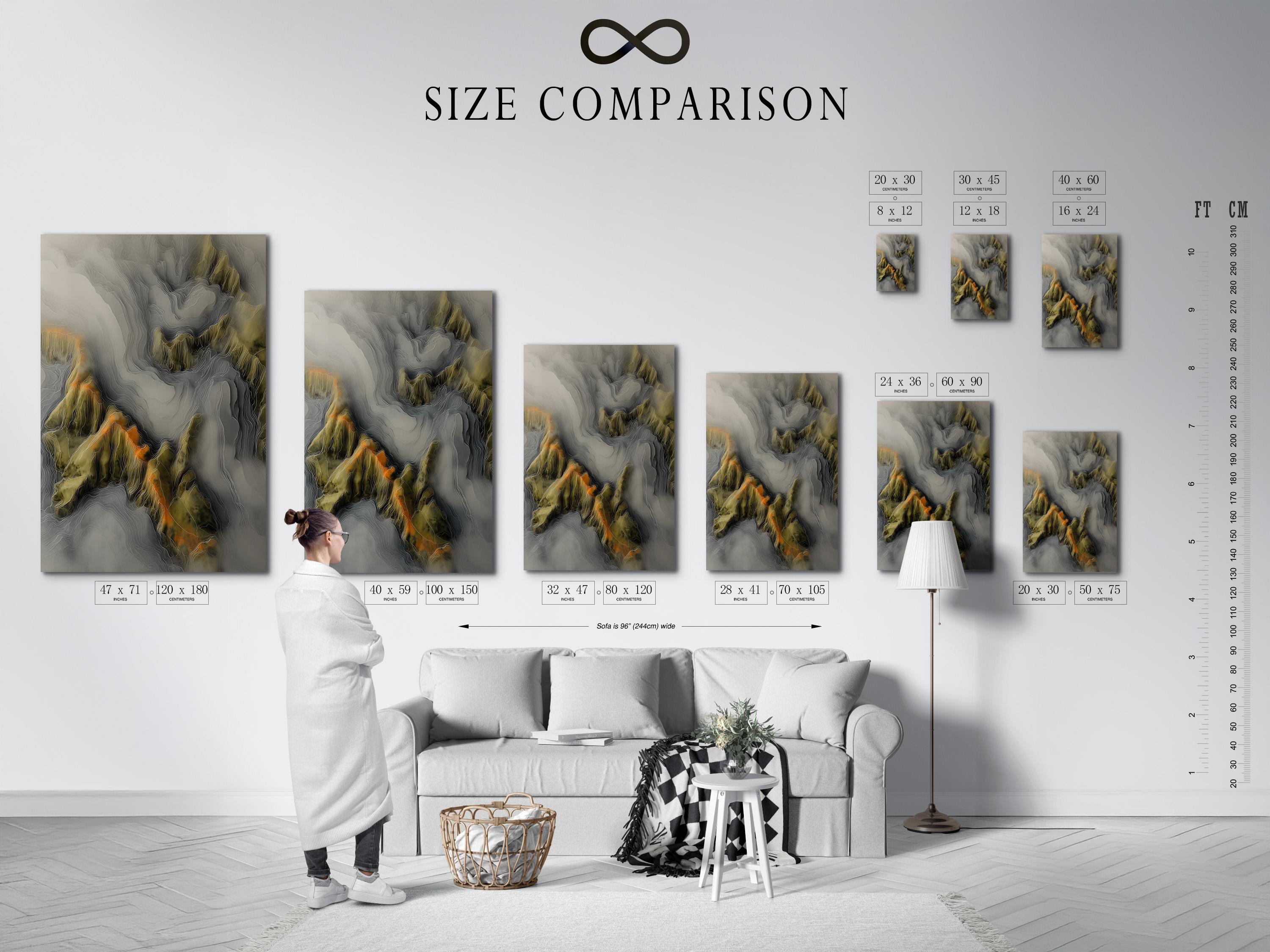 Portrait framed abstract mountainscape artwork in grey and olive green with warm amber accents