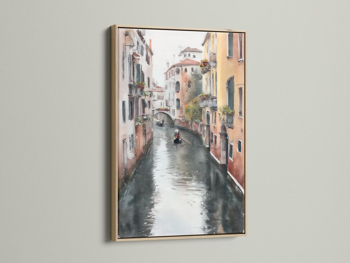 Painterly canal cityscape with warm buildings, grey water reflections and a small gondola-like boat detail view