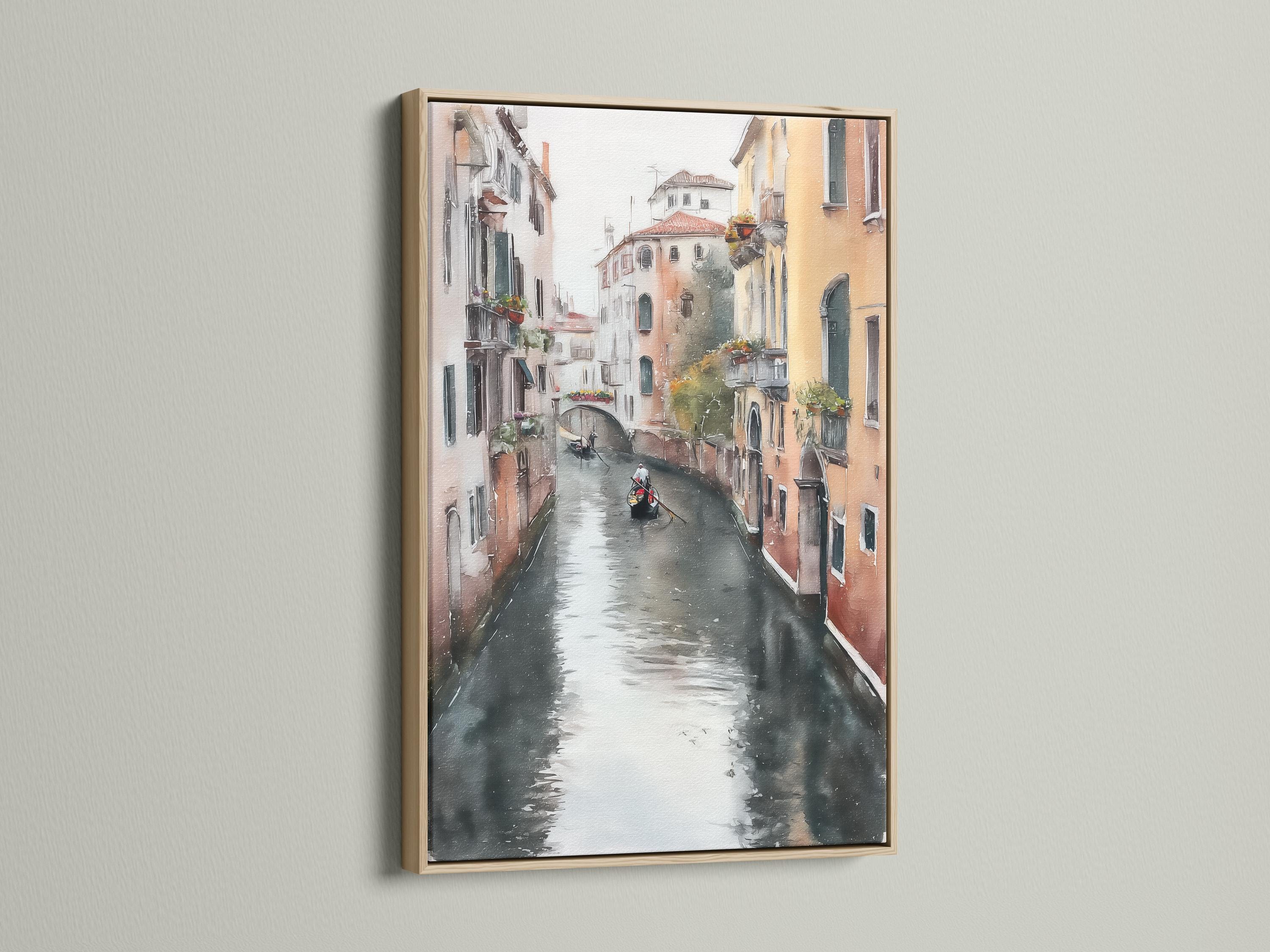 Painterly canal cityscape with warm buildings, grey water reflections and a small gondola-like boat detail view