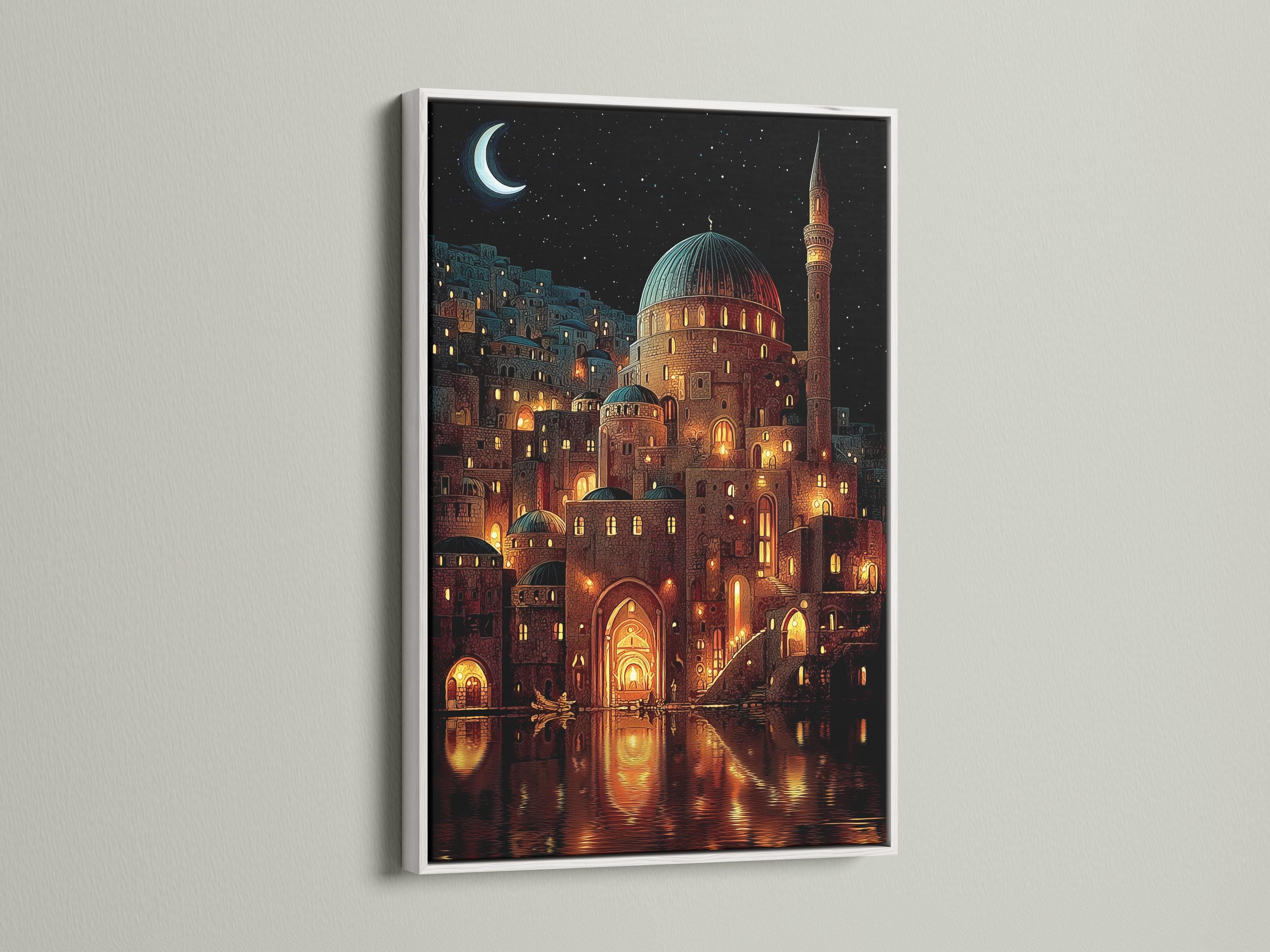 Night scene illustration of a mosque with glowing windows, crescent moon, stars and water reflections detail view