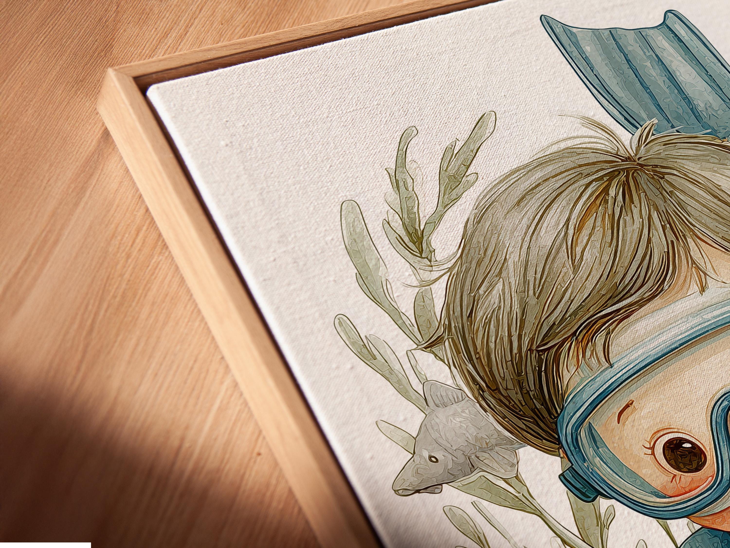 Illustrated child diver underwater scene with seaweed, fish and starfish detail view