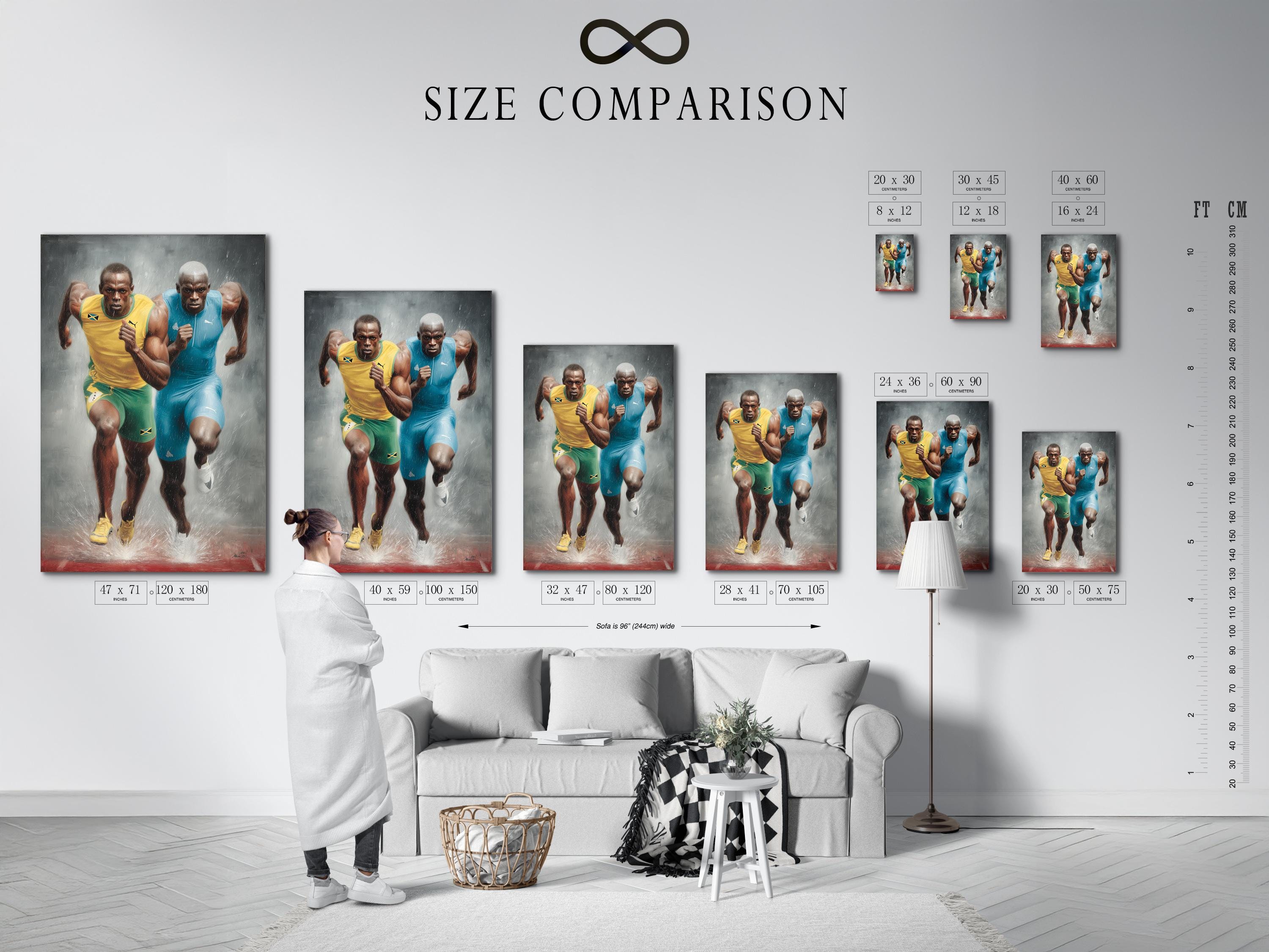 Room mockup showing a framed artwork of two sprinters in blue and yellow running toward the viewer